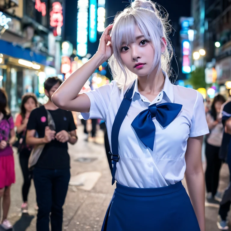 (8K, original photo, masterpiece:1.3), (Practical, photo-Practical:1.37), (night), (looking at the audience:1.331), (white hair), Strike a pose, Tokyo Street, nightcityscape, Cyberpunk City, Soft Light, 1 Girl, extremely beautiful face, Mid-chest,Break, Hands down, Random hairstyle, random expression, big eyes, Lower abdomen, (Short sleeve .JK_shirt), JK_style, (Dark blue JK_skirt), (bowJK_tie), Mix 4., best quality