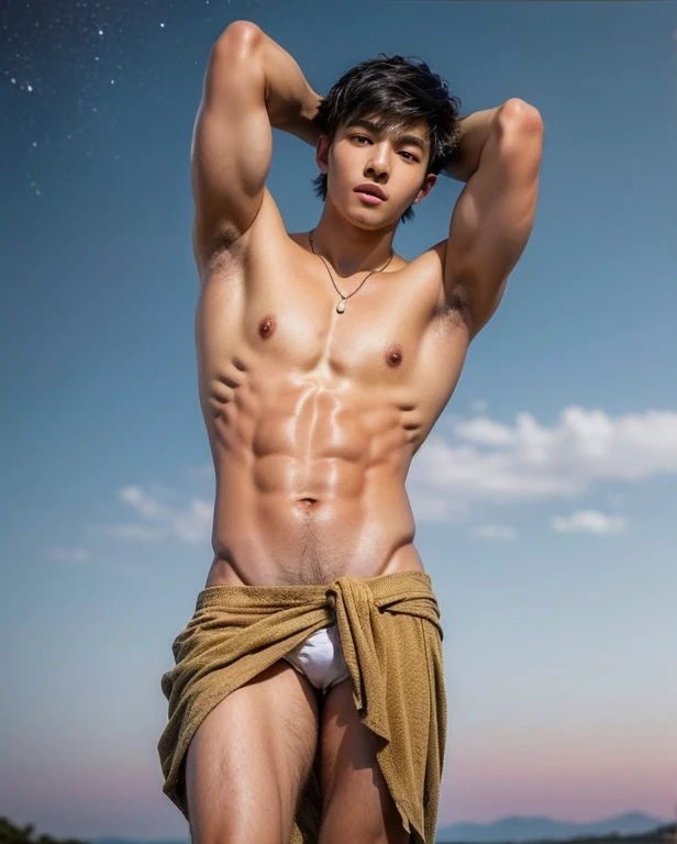 (photorealistic, masterpiece, 8K HD, good lighting quality, portrait, closing up on face, intricate details), (jason erceg: 1.2) a handsome young japanese boy, s old, cute, wistful gaze, detailed face, detailed eyes, looking at the sky, wearing hoodie over shirt, necklace, blue eyes, (pale skin), slim build, black hair, smooth hair, hair bangs, relatively long hair, outdoors, twilight, stars, constellation, cosmical, dreamy world, surrealism, ethereal