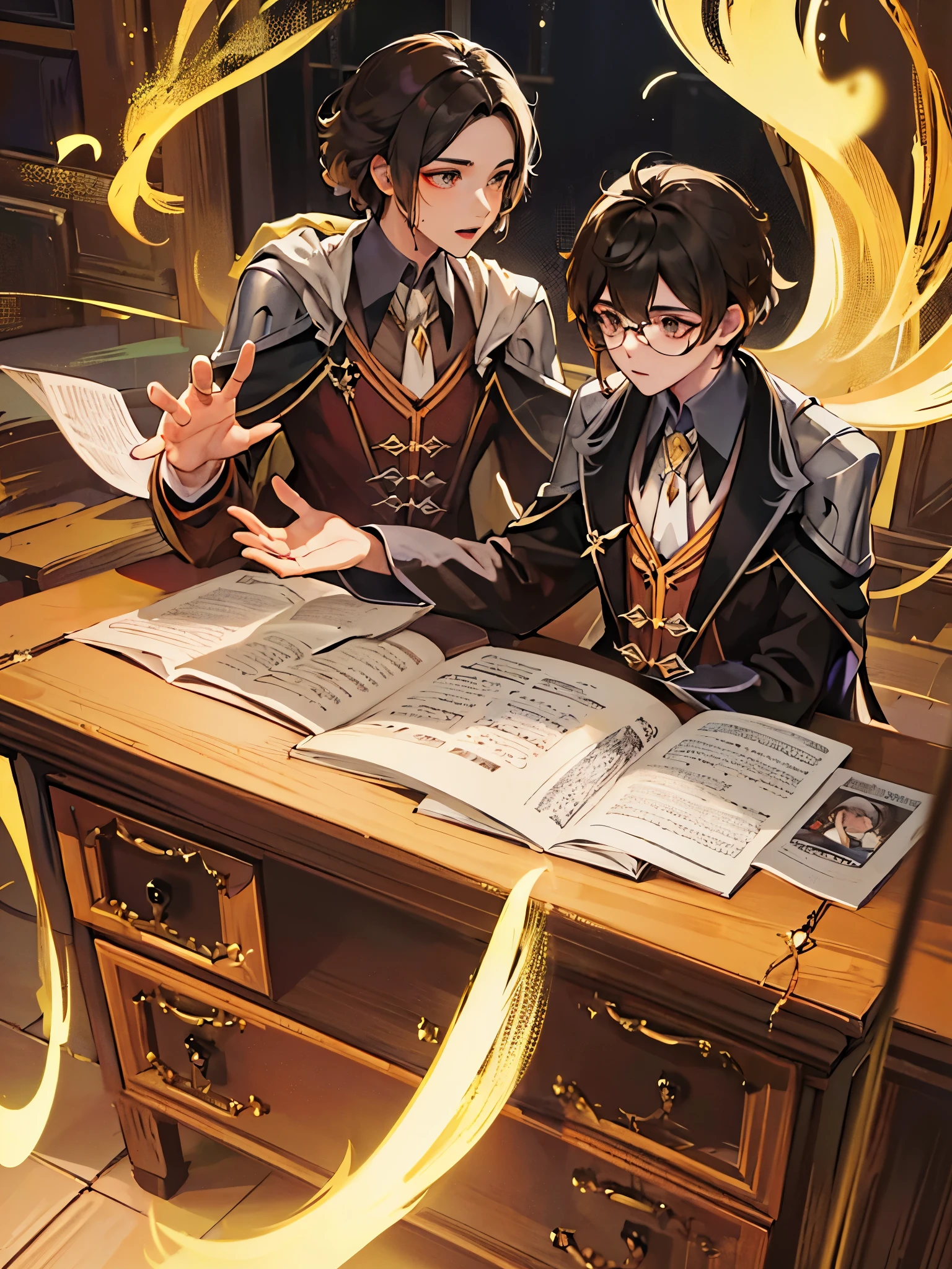 Zhongli, Tema de Harry Potter que muestra a un joven profesor masculino, Vestirse apropiadamente, ropa profesional, Magic and sorcery (varita magica en la mano y objetos volando), castillo de harry potter, hogwarts, gryffindor, Well organized printing, youthful energy, Piel suave, ojos brillantes, Gentle and confident expression, cintura recta, Alto y seguro, An air of tenacity and determination, mirada decidida, smile, Passion and dedication，Tiza en tu mano，pizarras，A group of students sat under the classroom podium，obra maestra，La mejor calidad en el mejor de los casos.，4k，8K，alta calidad，A high resolution, (harry potter style dress a black tunic white shirt with a red tie)
