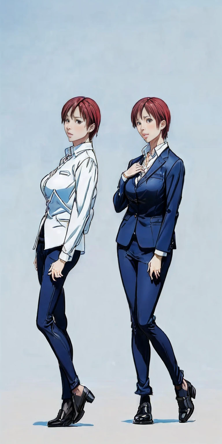 (plain background, 8k, best quality, masterpiece, realistic, photo-realistic:1.37) (Kei Kishimoto) View looking up from the ground behind, Two office ladies standing side by side in a half-squat position, Sticking out her butt)), milf, business suit