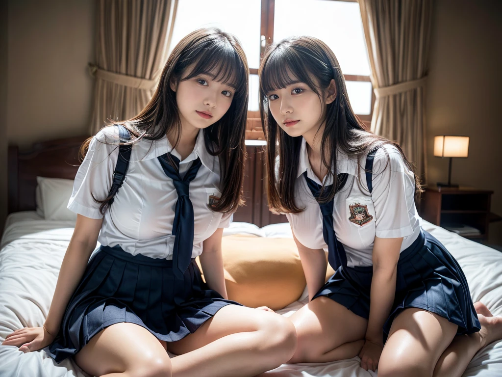 (RAW photo, 4k, masterpiece, high resolution, extremely complex) (realistic: 1.4), cinematic lighting
((2 girls, 2 schoolgirls)),Slam Dunk's,blushing,((innocent)),bright eyes,round eyes,blunt bangs,(straight hair:1.3),black hair,large breasts,wide hips,Summer Noon, ,Hot, (Best Quality), (Highres), (an Extremely Delicate and Beautiful),(Beautiful 8k face),(Brown eyes),short bob hair,( spectators),(gigantic breasts),(Play with each other,Touching each other's bodies,Touching the body),(Japanese high school uniform:1.3),blue skirt,(reality),bright lighting,(The background is a luxury hotel room)