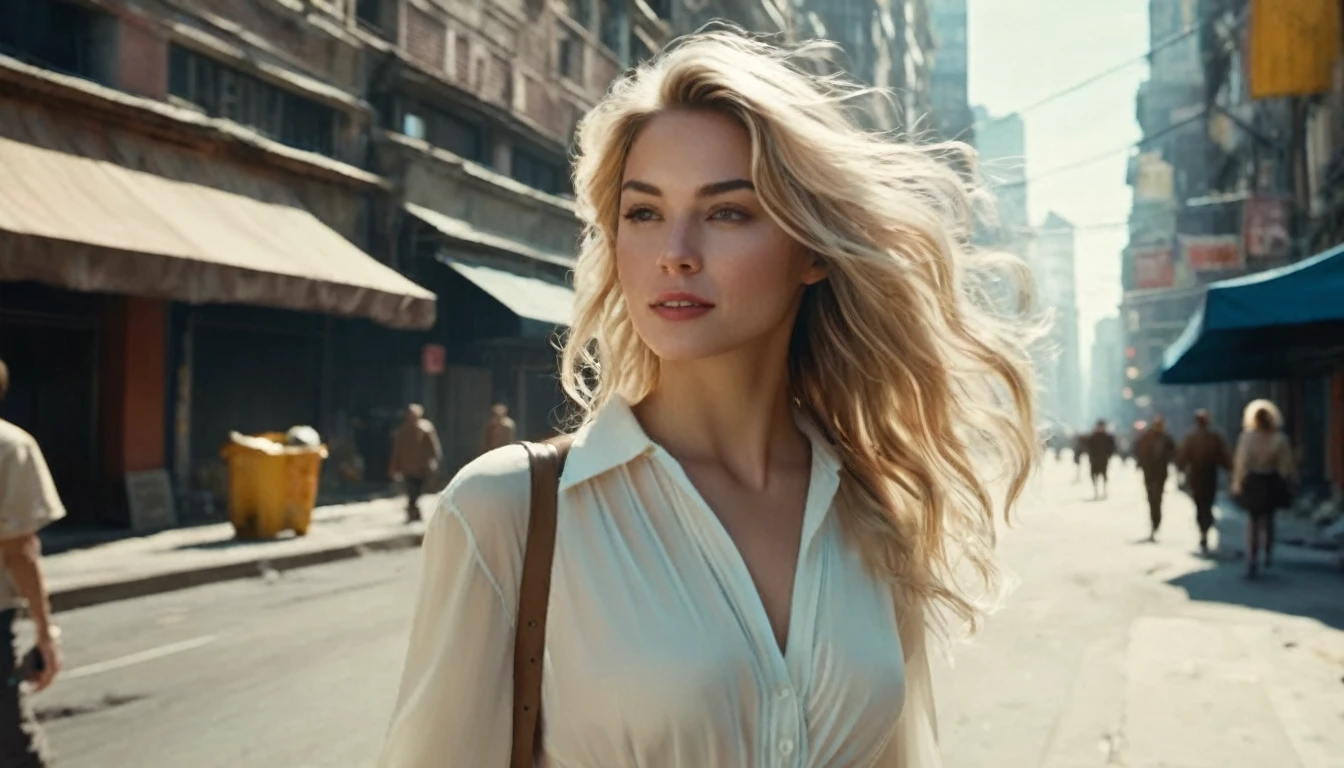 ((high angle camera view from above)) cinematic wide angle full body shot of a short white dressed stylish european long blonde wavy haired woman walks down a street of a cyberpunk megacity at daytime after a nuclear war in a futuristic Dystopian city. Happy smiling face. Blue sky and the sun shines. Ruined skyscrapers in the background.Consistent structure and movement of the character, static 3D environment, consistent structure of the buildings. Both sides of the pedestrian street are very full of garbage, with overturned bins full of waste that have not been emptied for weeks. some people walking in the background. Garbage mounds towers in front of the houses. Filthy dump on the street all around. Dystopian megacity, Chaotic, end of the world atmosphere. Dirt and filth is everywhere. She wears a short two piece white silk lace dress. She has stylish make up and luxury hair style. Highly detailed facial features, full lips, upturned nose, best smile, realistic perfect eyes and face. Photorealistic body and face, highly detailed shiny hair and skin. She walks confidently and casually. Sharp focus, depth of field, lifelike textures, best shadows, best quality. Realism, photorealism, hyperrealism, vintage muted color tones, lomochrome, natural lights, cinematic lighting, contrast lighting, best quality, insanely intricate details, hdr, uhd 8k, 35 mm film, analog,((1970s movie style)), retro, vintage color grading,Award - winning photograph, Masterpiece, 16k,hyper detailed,sfumato, chiaroscuro, beautiful woman, perfect face, rule of thirds, highly detailed hair, ((detailed face)), ((detailed facial features)), (finely detailed skin), pale skin, intricate details, amazing fine detail, neutral colors, Soft front light,cinematic lighting, dramatic lighting,dappled light on face, backlight on hair, sharp focus, wide angle, film grain, dslr, raw photo, photographed on Nikon
