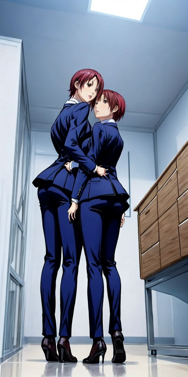 (Kei Kishimoto) View looking up from the ground behind, Two office ladies standing side by side in a half-squat position, Sticking out her butt)), milf, business suit