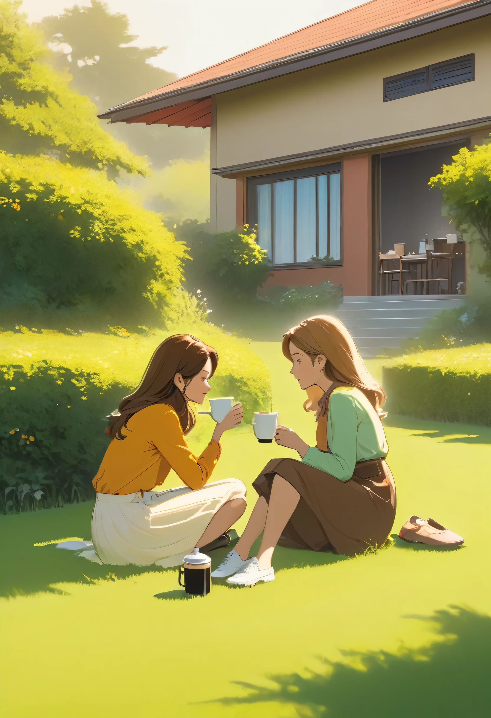 A mother and daughter having coffee break in the lawn of their house. -color palette of this photo is coffee