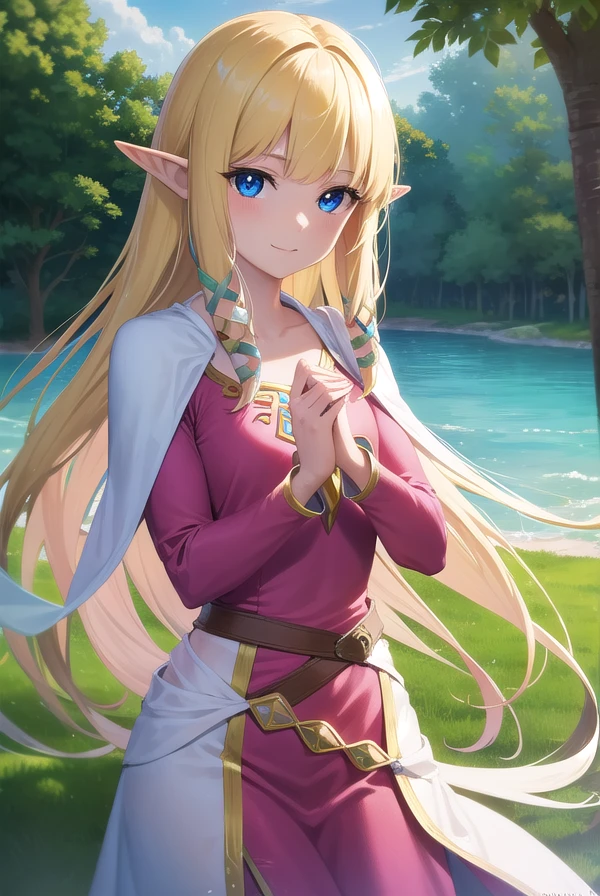 princesszelda, zelda skyward sword, blonde hair, blue eyes, long hair, pointy ears, sidelocks, elf, bangs, blunt bangs, ribbons, hair ribbons, smile,
BREAK belt, cape, dress, long sleeves, (pink dress:1.2), (white cape:1.2),
BREAK outdoors, nature, forest, trees, grass, sun, sky, clouds,
BREAK looking at viewer,
BREAK (masterpiece:1.2), best quality, high resolution, unity 8k wallpaper, (illustration:0.8), (beautiful detailed eyes:1.6), extremely detailed face, perfect lighting, extremely detailed CG, (perfect hands, perfect anatomy),