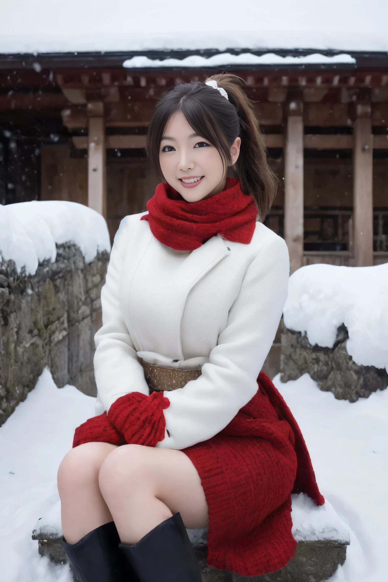 (Best quality, 8k, 32k, Masterpiece, UHD:1.2),Photo of Pretty Japanese woman, stunning, 1girl, (medium dark brown ponytail), double eyelid, natural medium-large breasts, slender legs, tall body, soft curves, white coat, knit dress shirt, checkered skirt, red scarf, snow heeled boot, sitting on stairs on shrine, snowy shrine, heavy snow on shrine, fashion model posing, unforgettable beauty, look at viewer, sexy smile, closed to up, lifelike rendering, detailed facial features, detailed real skin texture, detailed details