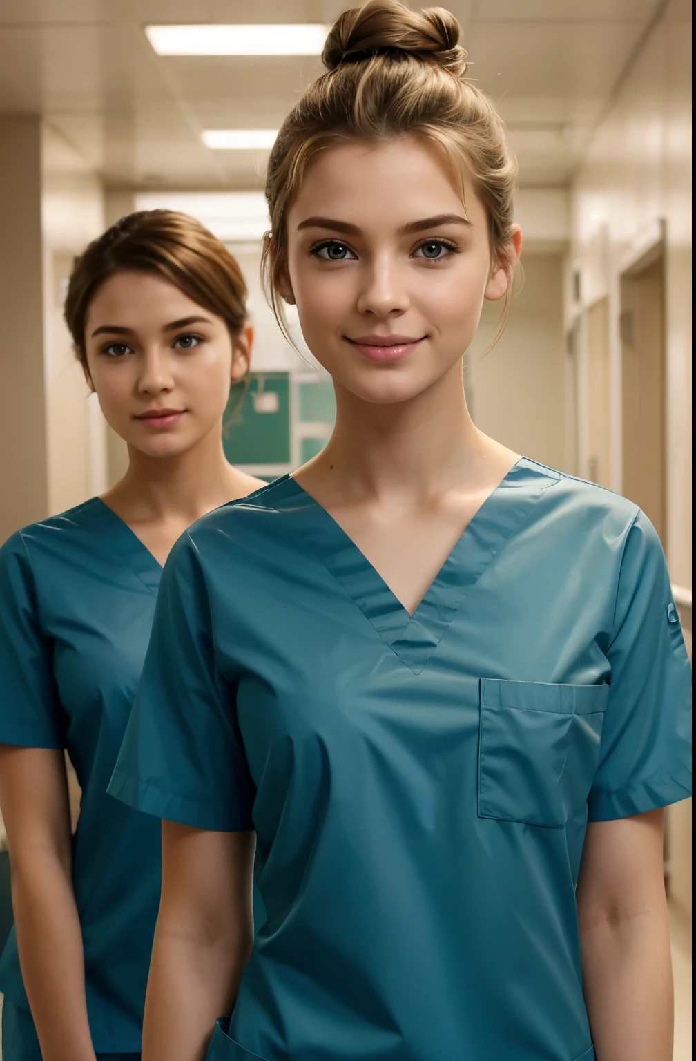 Ultra realistic, Cinematic, team of 3 surgical nurses, 3 french teeanger girls, blonde hair all girls standing, working in surgery, , body, pale skin, beautiful face, big smile, detailed face, ultra soft and ultra light slight small teal women hospital scrubs, teal hospital scrubs, wide angle showing full body, hospital ward, people, bokeh, short hair tied up as hair bun / Chignon