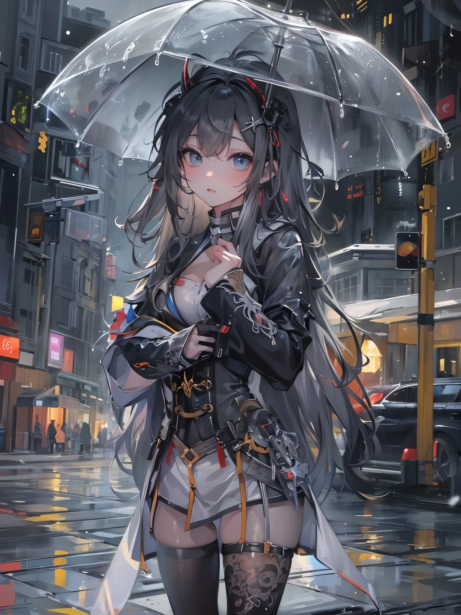 ((highest quality)),(Ultra-high resolution),(Super detailed new),(Detailed Description),((The best CG)),(A masterpiece),Ultra-detailed art,A wonderful new art form,(Art with precise detail:1.5), pavement, rain, Wet street corner,