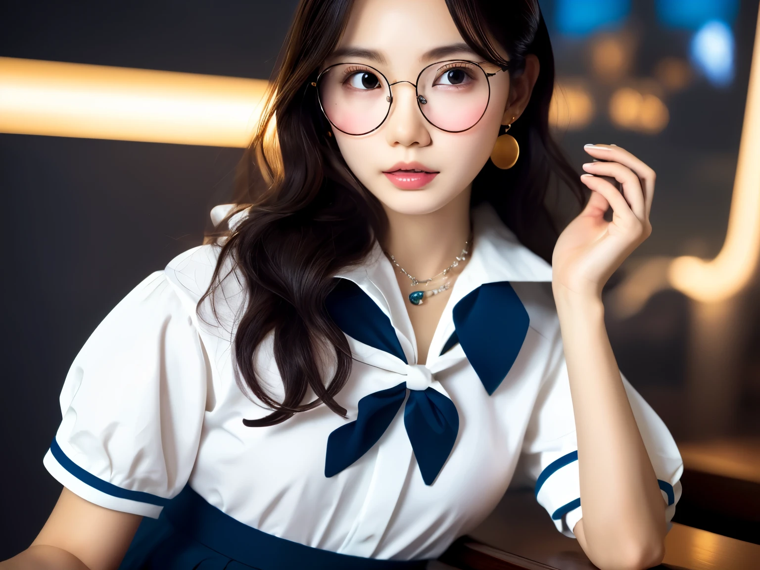 ulzzang-6500-v1.1, (Raw foto:1.2), (Photorealsitic:1.4), a beautiful detailed girl, extremely detailed eye and face, beatiful detailed eyes, Ridiculous, unbelievable Ridiculous, huge filesize, ultra-detailliert, hight resolution, ighly detailed, top-quality, ​masterpiece, Kemomimi, ((Japanese girls' high school uniform)), illustratio, ighly detailed, CG, unification, 8k wallpaper, astonishing, finely detail, ​masterpiece, top-quality, Highly detailed CG uniform 8k wallpaper, face lights、Cinematographic lighting、1girl in、sixteen years old、(witheout panties))、(Glasses available)、((dynamicposes)))、(camel's toe)、(half)、、(Crooked knees and legs sitting))、Nasty Sexual Sailor Suit、Sexual Sailor Suit