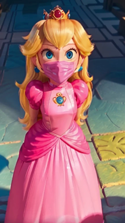 Princess Peach, solo, 1 girl, ((wearing a long hot pink dress)), huge breasts, upper body, masterpiece,8k, best quality, good hands,good eyes, pixarstyle, 1girl, solo, style,parody,3d,long hair, detail hair, blonde hair, maximum detail, intricate detail, extremely clear, beach, nsfw, smile, shy, blush, embaressed, ((long hair)), (tall girl), (solo, 1 girl), ((shibari, arms behind back : 1.4)) , ( full face otn gag mask), (full body view),((toes to head view)), ((complete body view photo)), ((standing)), Scared, (Skinny), view the viewer, ((shibari, bound arms, arms back behind:1.4)), ((tied in a wood pole)), ((wood pole)), ((tight full face latex mask)), (otn gag), gagged, (tight latex mask), (black mask), day light, ((she wears a black mask with a mouth printed on it))