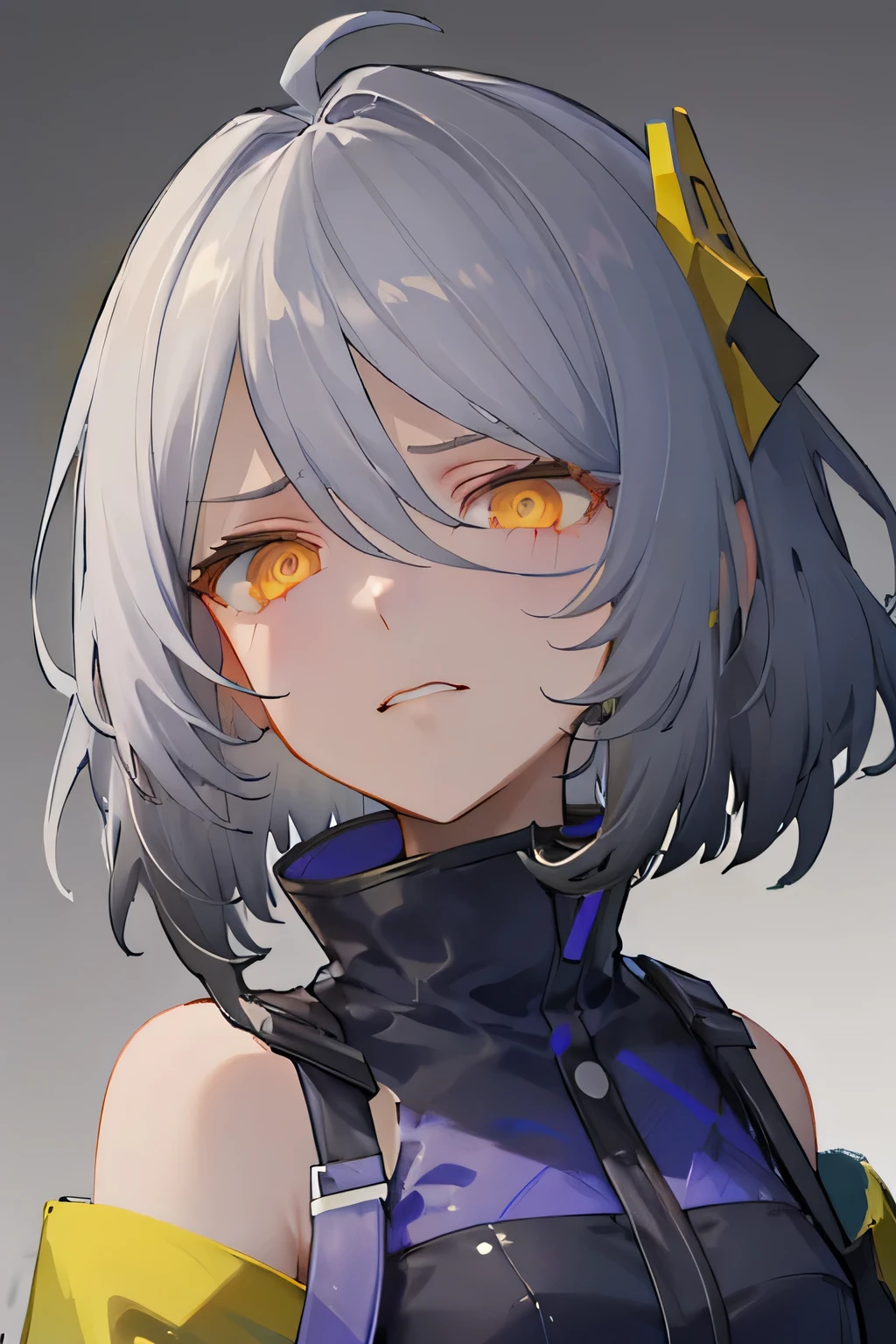 ((masterpiece, best quality)), (1girl), looking at viewer, from below, close-up , ANKAXIYA, headdress , grey_hair, short_hair, ahoge, yellow_eyes, intenseglare, shaded_face, dislike , disgust, hate, glare, sadist