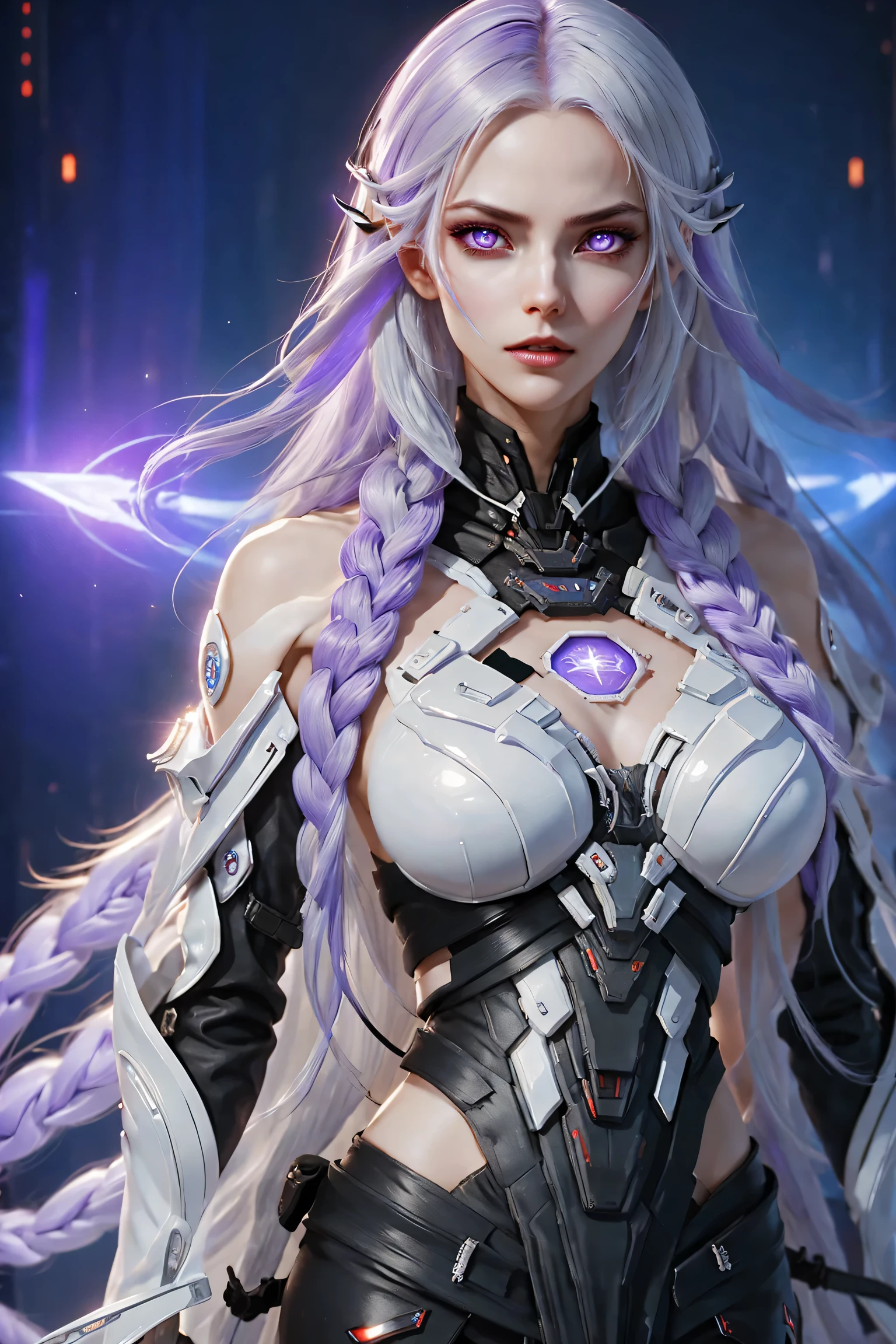 detailed portrait of two secret agent lovers, man and woman standing standing side by side looking at the viewer, yinji, purple hair, purple eyes, long hair, white hair, double braids, gradient hair, highly detailed, intricate machinery, glossy metal skin, glowing blue lights, complex circuitry, futuristic technology, edge light, dramatic lighting, beautiful starry background, octane rendering, cool, personality, brave, realistic 3D render, cinematic composition, award winning digital art, best quality, masterpiece, illustrations, very exquisite and beautiful, very detailed, CG, unity, wallpaper, stunning, exquisite details