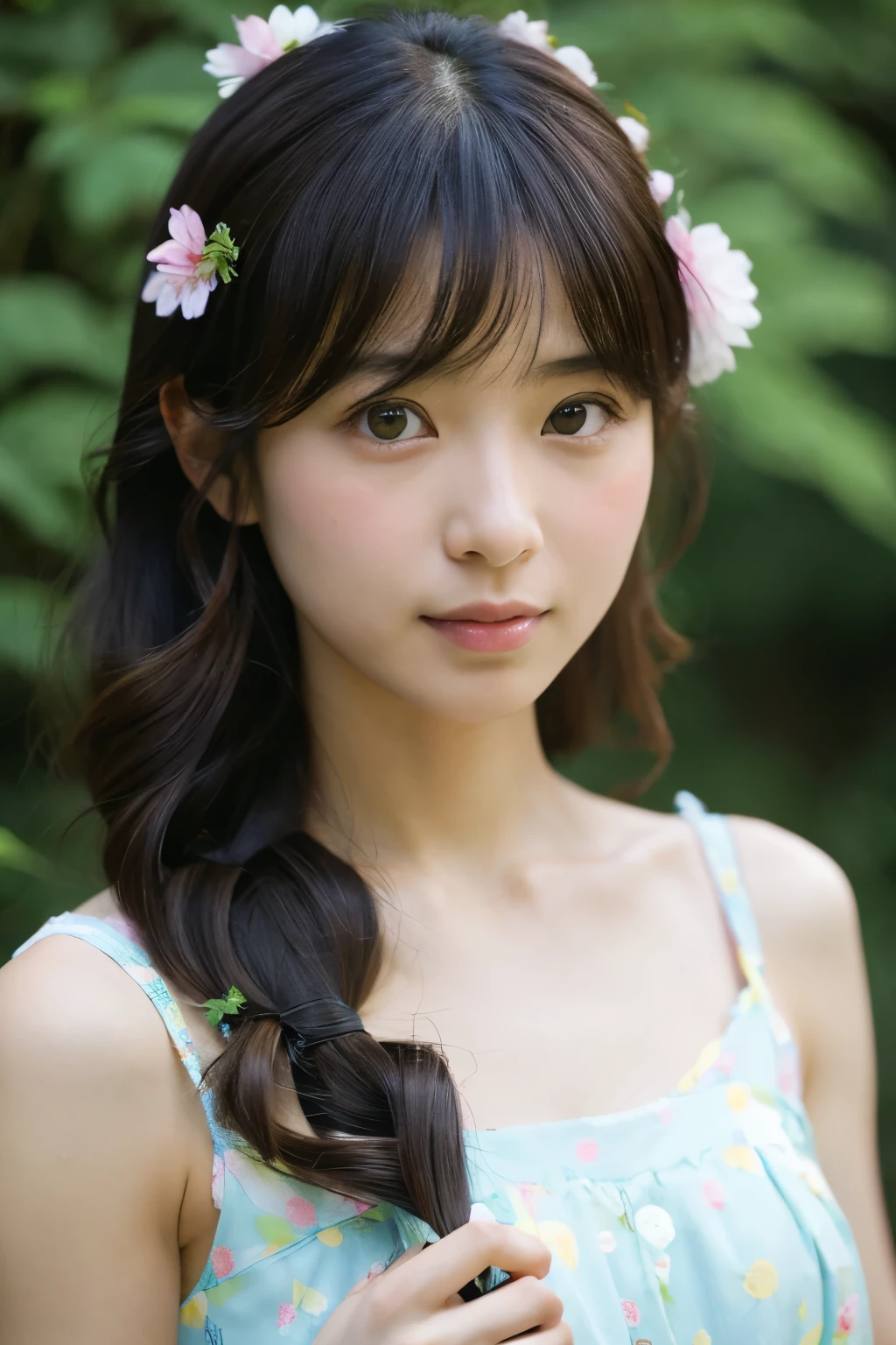 a close up of a woman in a dress with a flower in her hair, shiori teshirogi, narumi kakinouchi, aoi ogata, yasumoto oka, takada akemi, chiho, yukii morita, Yoshitomo Nara, young pretty gravure idol, sayori