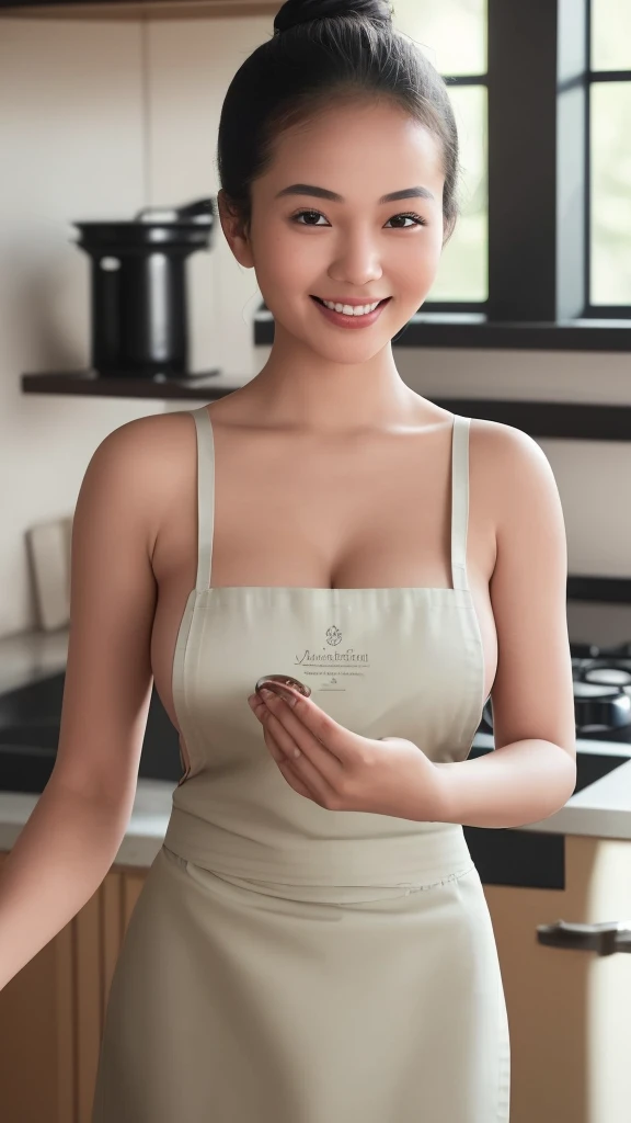 A warmly lit, luxury kitchen filled with the aroma of freshly baked goods. In the center, a confident and graceful javanese woman, approximately 21 years old, with updo hair and a welcoming smile, is skillfully preparing a delicious recipe. She wears a comfortable yet stylish apron, braless, her big breast show intimite cleavage, and her hands expertly handle ingredients with precision. The sunlight streaming through the window highlights the details of the kitchen, casting a soft glow on the countertops and utensils. The atmosphere is inviting, encouraging viewers to imagine themselves in the midst of a culinary adventure. Capture the essence of joy and passion for cooking. ((Best quality)), ((masterpiece)), ((realistic)), ((Best quality)), ((masterpiece)), ((realistic)) (highres), original, extremely detailed 8K , (photorealistic:1.4),flawless face, perfect eyes,symmetrica body shape,smile