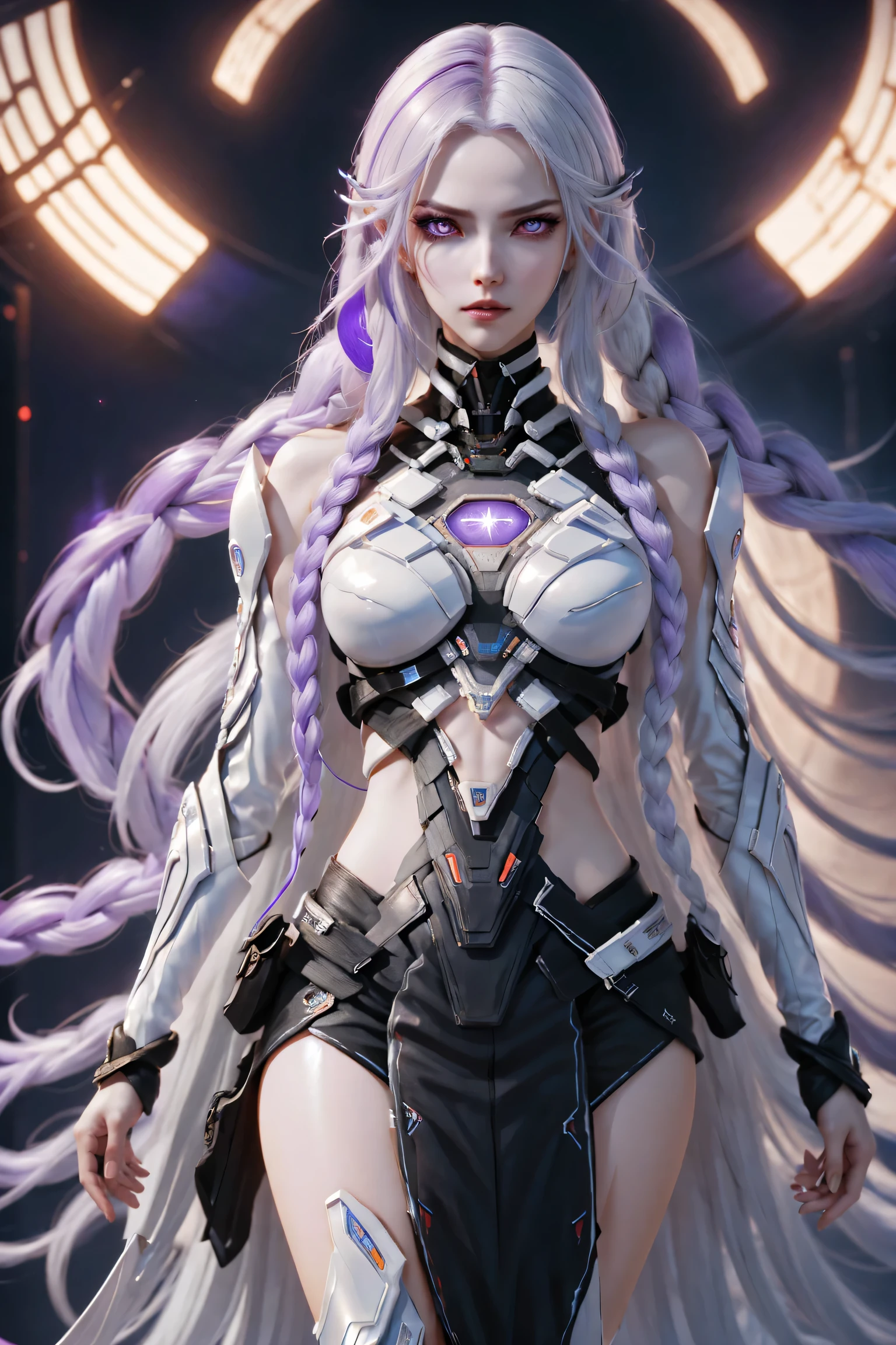 detailed portrait of two secret agent lovers, man and woman standing standing side by side looking at the viewer, yinji, purple hair, purple eyes, long hair, white hair, double braids, gradient hair, highly detailed, intricate machinery, glossy metal skin, glowing blue lights, complex circuitry, futuristic technology, edge light, dramatic lighting, beautiful starry background, octane rendering, cool, personality, brave, realistic 3D render, cinematic composition, award winning digital art, best quality, masterpiece, illustrations, very exquisite and beautiful, very detailed, CG, unity, wallpaper, stunning, exquisite details