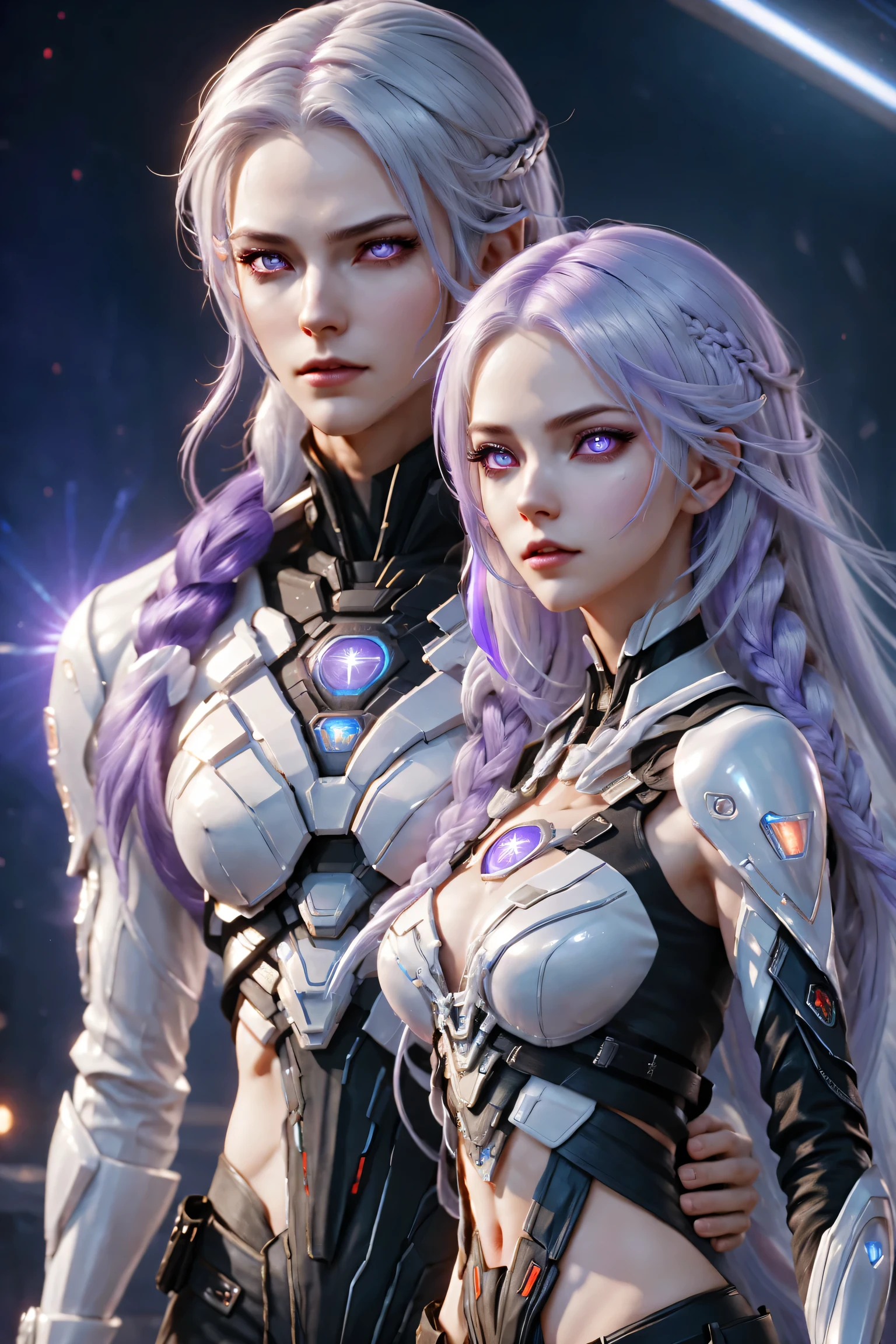 detailed portrait of two secret agent lovers, man and woman standing standing side by side looking at the viewer, yinji, purple hair, purple eyes, long hair, white hair, double braids, gradient hair, highly detailed, intricate machinery, glossy metal skin, glowing blue lights, complex circuitry, futuristic technology, edge light, dramatic lighting, beautiful starry background, octane rendering, cool, personality, brave, realistic 3D render, cinematic composition, award winning digital art, best quality, masterpiece, illustrations, very exquisite and beautiful, very detailed, CG, unity, wallpaper, stunning, exquisite details