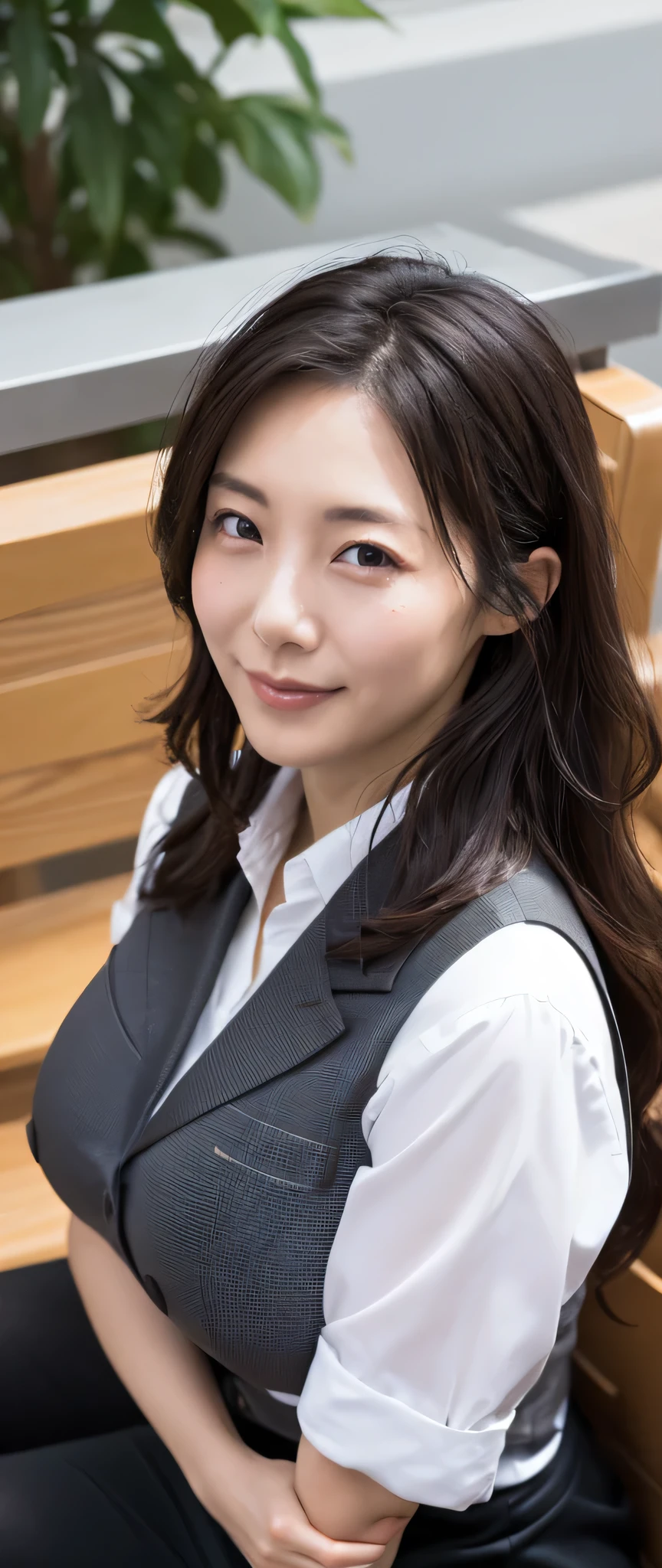 run-6500-v1.1, (RAW Photos:1.2), (Realistic), (Genuine:1.4), 1girl、Perfect Anatomy、45 years old、Medium Long Hair、 (High heels)、(Business services)、 quiet, A calm woman wearing a checked vest., The most elegant long wavy hairstyles:1.65, Wear a tight skirt, A little thick、(Ultra-realistic pantyhose:1.2), Yoshitomo Nara, , Japanese Goddess, Erotic Sexy Girl, Otaku appearance, Otaku, An intense and erotic gaze, (A very loving smile:1.2)、 ((Full Body Shot:1.16))、Erotically seducing someone by sitting on a park bench、Ultra-realistic skin texture、Shiny skin、(((Very large breasts bigger than her face:1.55)))、Exposed thighs!!!