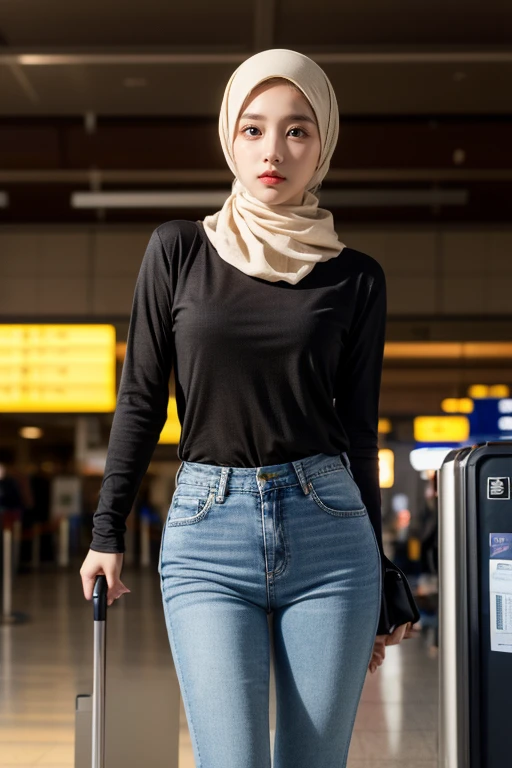 (realistic photos of Hijab Korean female, slightly smile,expressive eyes,eye makeup,airport background,standing posture,confident attitude,Eye-Level Shot, slightly blurry background,UHD,masterpiece:1.2,highres,16k), long Jeans