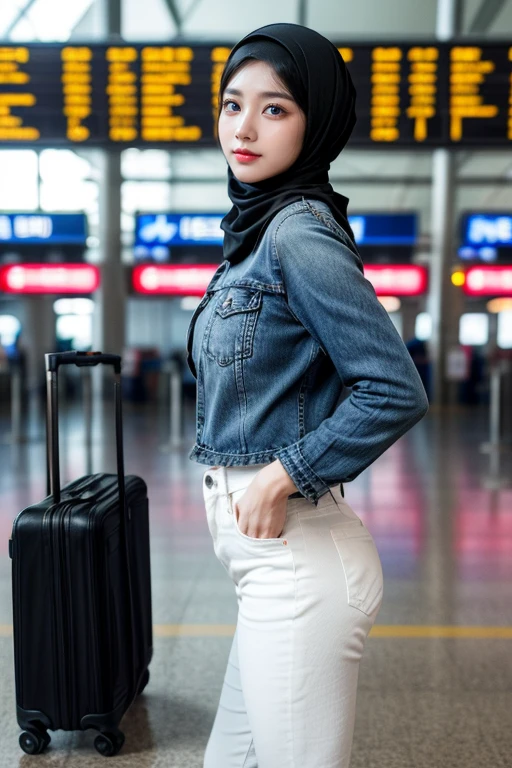 (realistic photos of Hijab Korean female, slightly smile,expressive eyes,eye makeup,airport background,standing posture,confident attitude,Eye-Level Shot, slightly blurry background,UHD,masterpiece:1.2,highres,16k), long Jeans