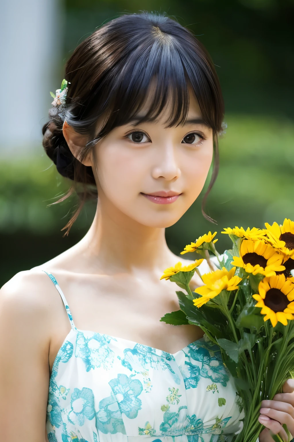 a close up of a woman in a dress with a flower in her hair, shiori teshirogi, narumi kakinouchi, aoi ogata, yasumoto oka, takada akemi, chiho, yukii morita, Yoshitomo Nara, young pretty gravure idol, sayori