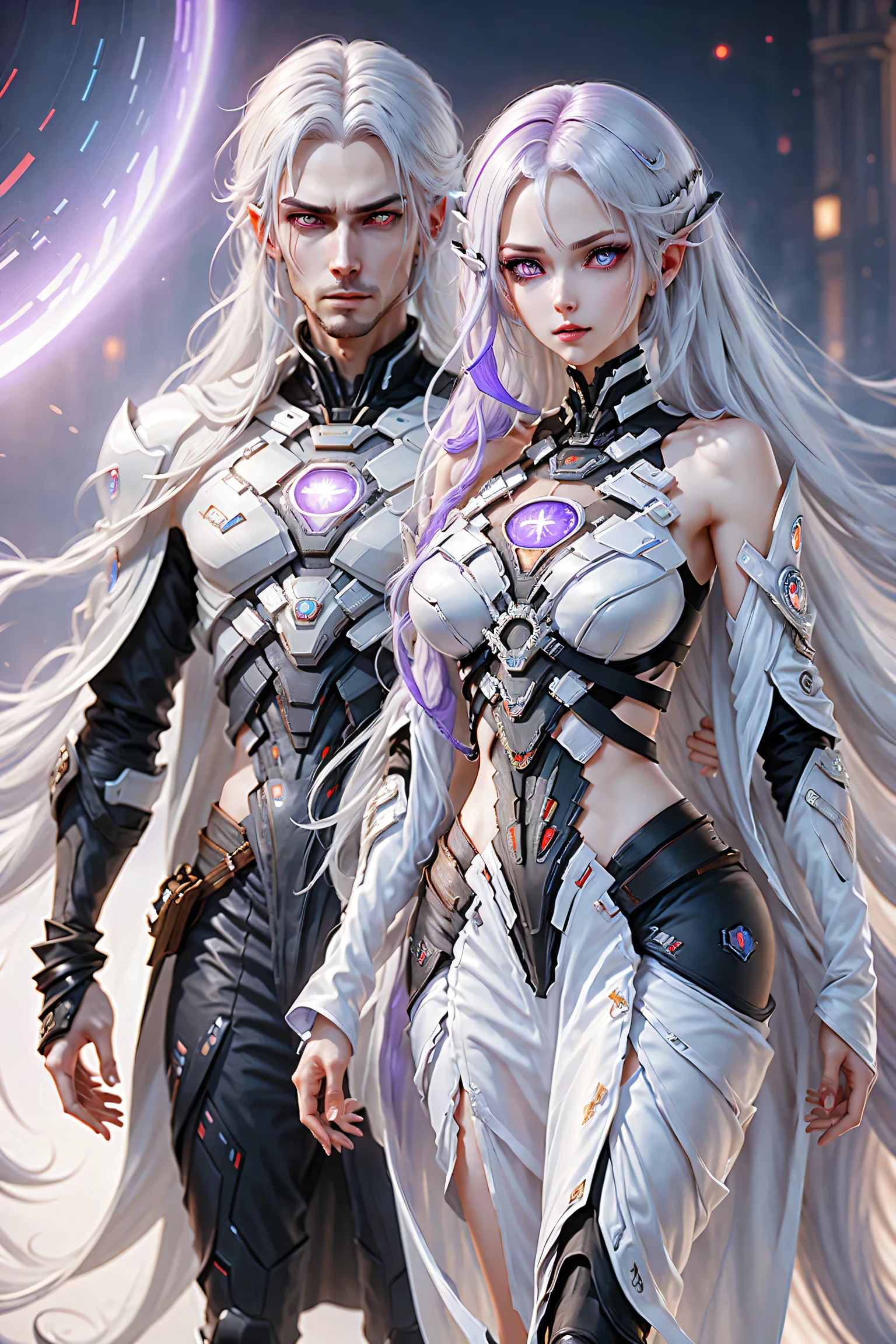 detailed portrait of two secret agent lovers, man and woman standing standing side by side looking at the viewer, yinji, purple hair, purple eyes, long hair, white hair, double braids, gradient hair, highly detailed, intricate machinery, glossy metal skin, glowing blue lights, complex circuitry, futuristic technology, edge light, dramatic lighting, beautiful starry background, octane rendering, cool, personality, brave, realistic 3D render, cinematic composition, award winning digital art, best quality, masterpiece, illustrations, very exquisite and beautiful, very detailed, CG, unity, wallpaper, stunning, exquisite details