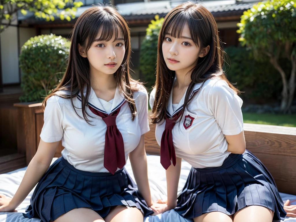 (RAW photo, 4k, masterpiece, high resolution, extremely complex) (realistic: 1.4), cinematic lighting
((2 girls, 2 schoolgirls)),Slam Dunk's,blushing,((innocent)),bright eyes,round eyes,blunt bangs,(straight hair:1.3),black hair,large breasts,wide hips,Summer Noon, ,Hot, (Best Quality), (Highres), (an Extremely Delicate and Beautiful),(Beautiful 8k face),(Brown eyes),short bob hair,( spectators),(gigantic breasts),(Play with each other,Touching each other's bodies,Touching the body),(Japanese high school uniform:1.3),blue skirt,(reality),bright lighting,(The background is a luxury hotel room)