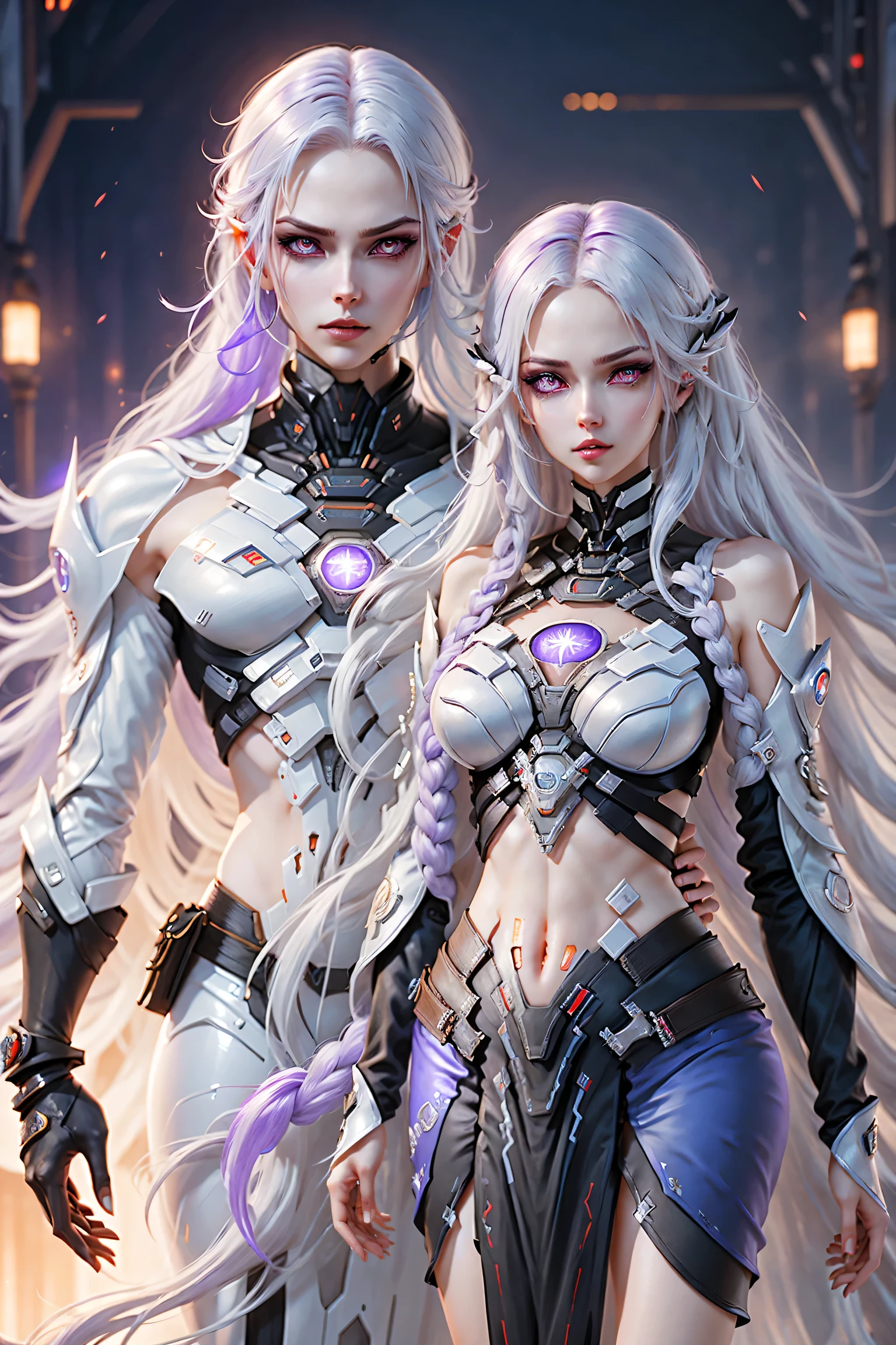 detailed portrait of two secret agent lovers, man and woman standing standing side by side looking at the viewer, yinji, purple hair, purple eyes, long hair, white hair, double braids, gradient hair, highly detailed, intricate machinery, glossy metal skin, glowing blue lights, complex circuitry, futuristic technology, edge light, dramatic lighting, beautiful starry background, octane rendering, cool, personality, brave, realistic 3D render, cinematic composition, award winning digital art, best quality, masterpiece, illustrations, very exquisite and beautiful, very detailed, CG, unity, wallpaper, stunning, exquisite details