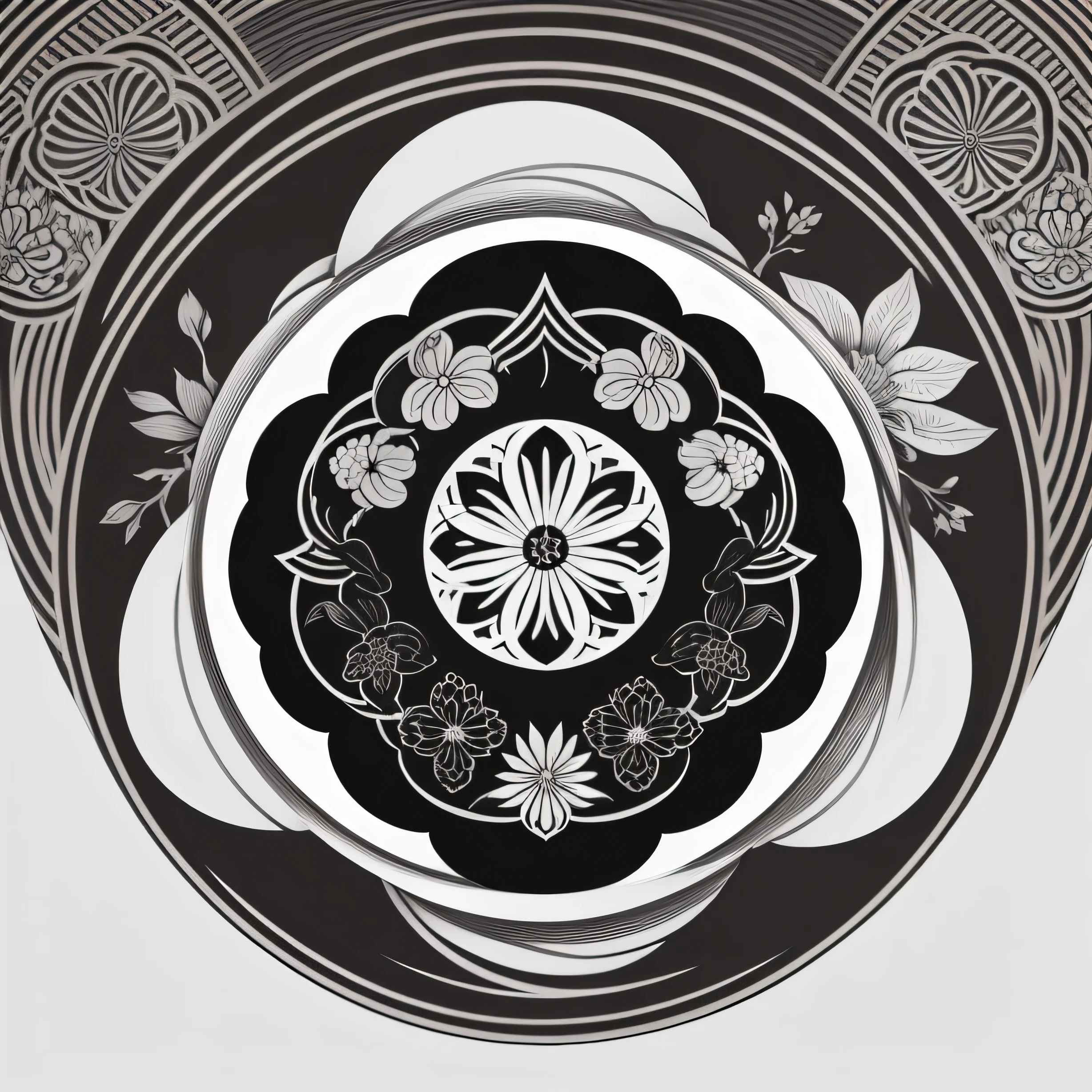 A traditional Japanese kamon crest, just lines, black and white colors, simple details, not intricated design, a single orchid flower motif in the center, surrounded by element inspired and dedicated to the country of Costa Rica 