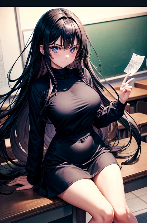 A age with black mid/long hair, she has dakr blue eyes and a closed mouth with a slight frown, she has a oretty face, she wears a navy with long sleeves and a slight V neck opening at the chest showing her cleavage/ , she wears a short navy skirt with black leggings under, she has a curvy figure and mature look, add a classroom background