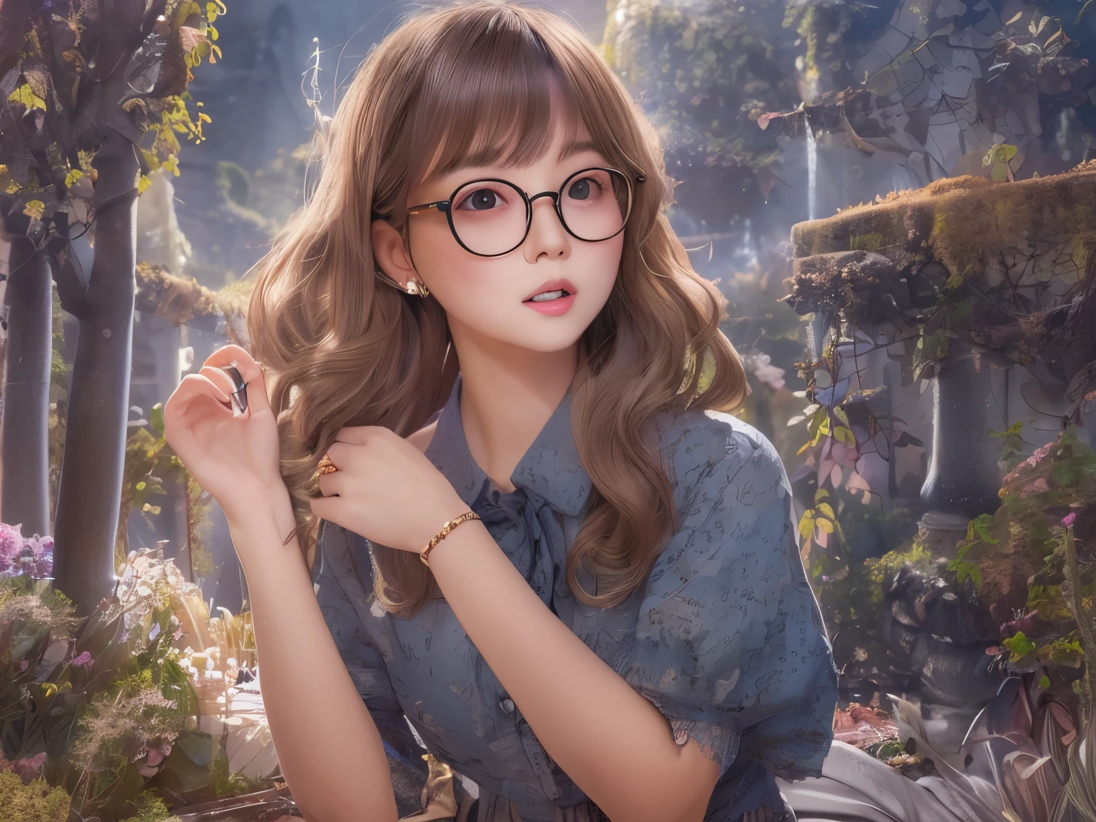 highest quality ,Tabletop, figure, Very delicate and beautiful, Very detailed ,Hmph ,Unity ,8k wallpaper, wonderful, In detail, Tabletop, highest quality, (RAW Photos, highest quality), Highly detailed ticker Unity 8k wallpaper, Absurd, unbelievably ridiculous, Large file size , Super detailed, High resolution, Very detailed, Beautiful detailed girl, Very detailedな目と顔, Beautiful fine details, Detailed skin, One Girl, Outdoor, View Viewer, Upper Body, (Light brown hair:1), Long Hair, (Puffy eyes), Earrings, necklace, ((Small )), ((Covered )), ((Round Glasses), (Short Sleeve Ticker_shirt), Hmph_style, Dark Blue AJC_skirt, Bow Ticker_tie),