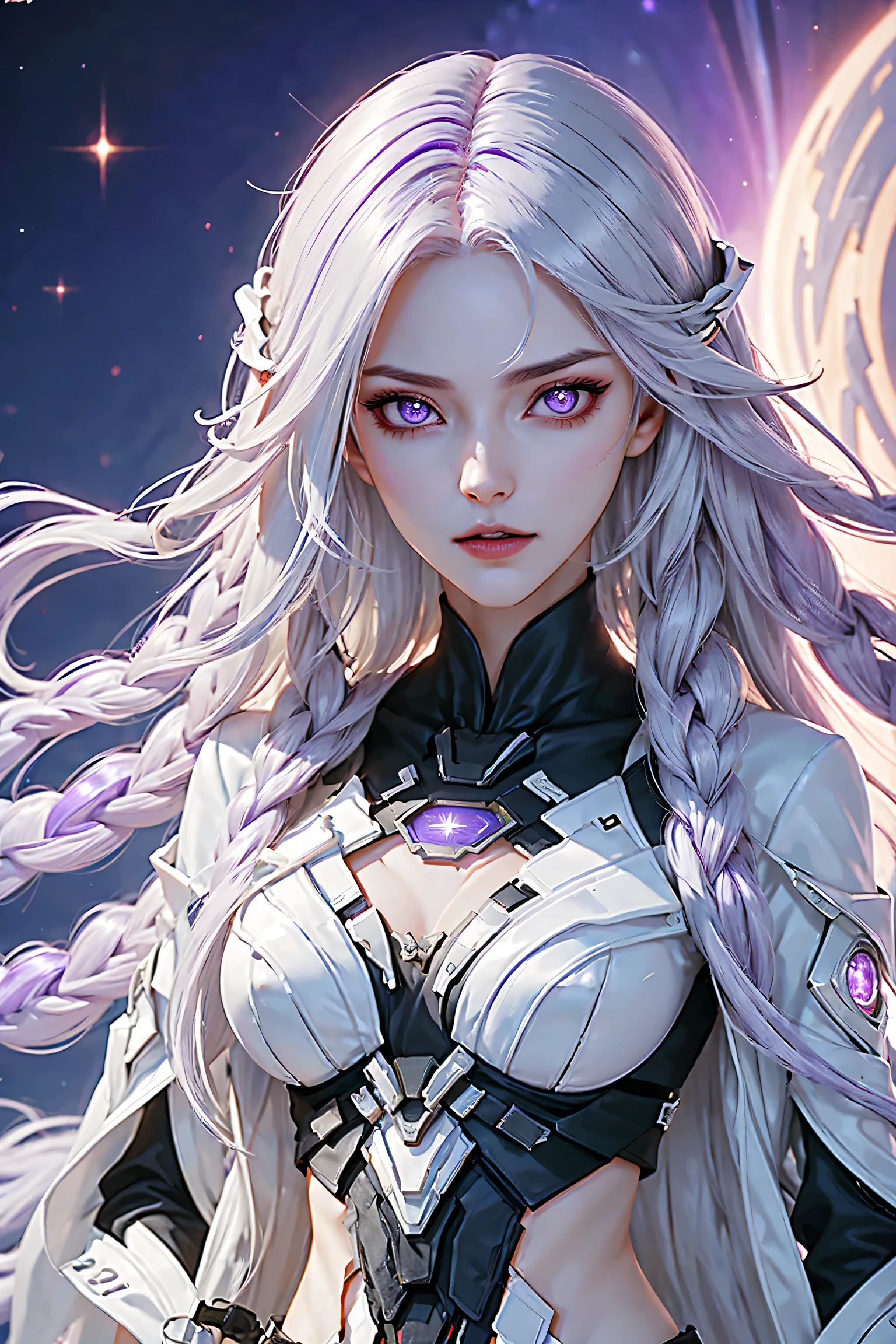 detailed portrait of two secret agent lovers, man and woman standing standing side by side looking at the viewer, yinji, purple hair, purple eyes, long hair, white hair, double braids, gradient hair, highly detailed, intricate machinery, glossy metal skin, glowing blue lights, complex circuitry, futuristic technology, edge light, dramatic lighting, beautiful starry background, octane rendering, cool, personality, brave, realistic 3D render, cinematic composition, award winning digital art, best quality, masterpiece, illustrations, very exquisite and beautiful, very detailed, CG, unity, wallpaper, stunning, exquisite details