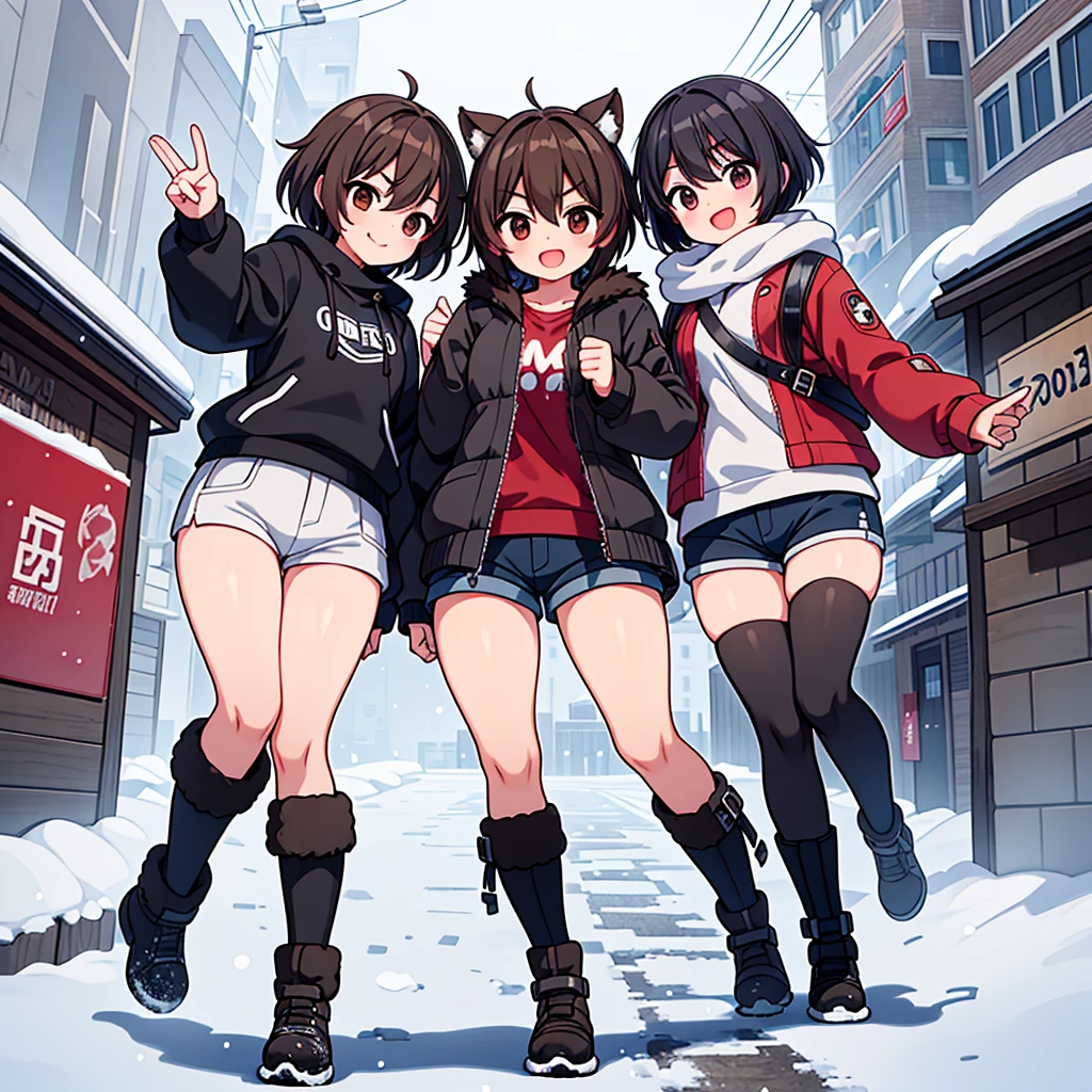 
Cheerful female college student、smile、Look at the direction、Thick eyebrows、Droopy eyes、black髪、short hair、furry jacket（black）、hot pants（gray）、boots with buckles（Brown）、（Flat Brown）、Promenade、Snow Scene、Snowfall、Angle from bottom right