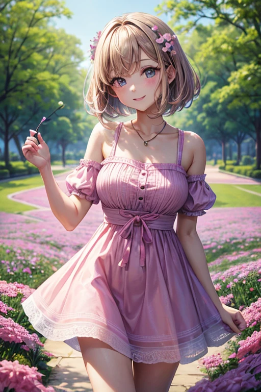 highest quality、masterpiece、8ｋ、Sharp focus, Beautiful woman with perfect figure,One Girl、A bob-haired girl wearing a mini summer dress walking in a park with pink moss phlox blooming（Dress color is random）、Pretty girl、Toned body、Medium chest、 A light smile,