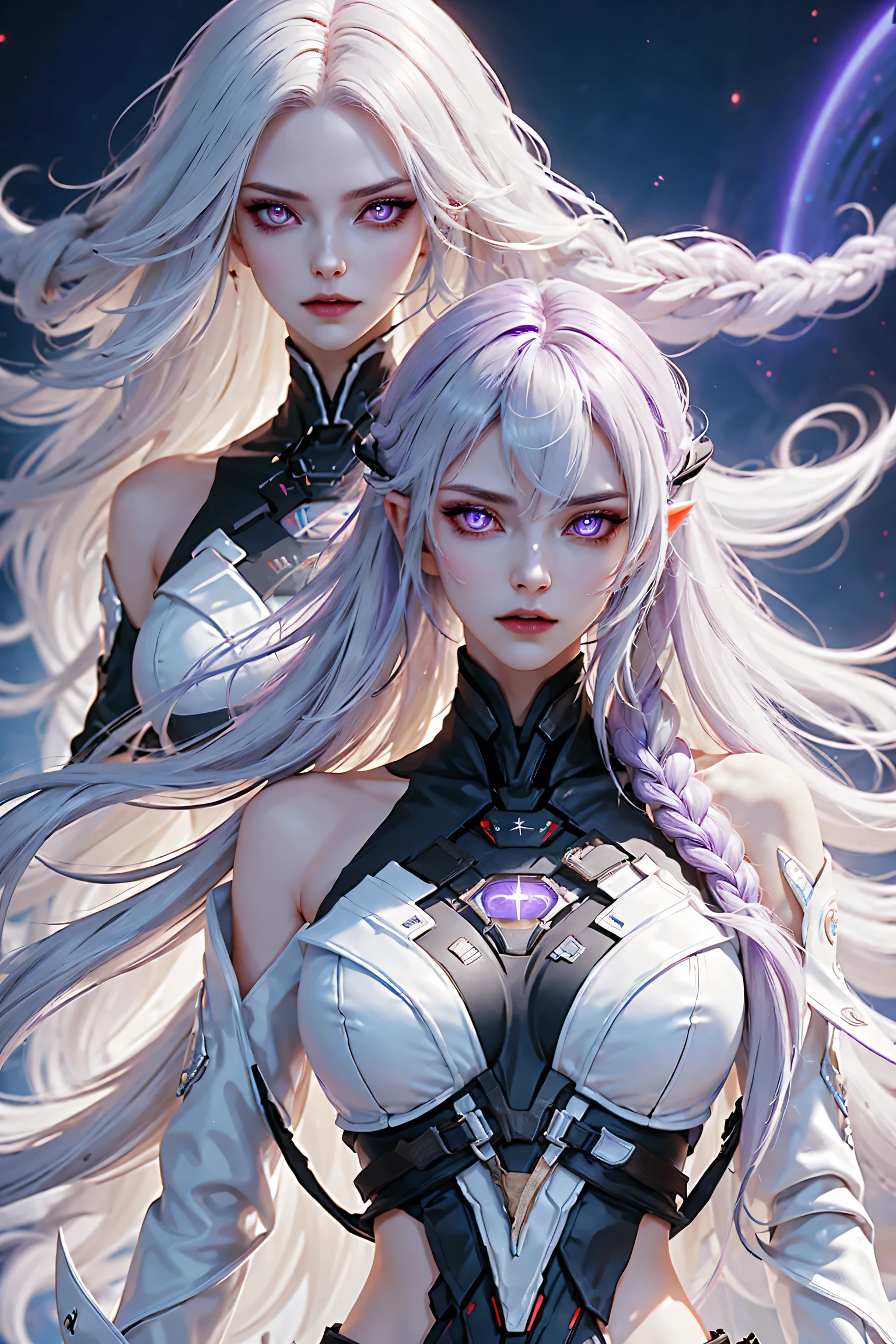 detailed portrait of two secret agent lovers, man and woman standing standing side by side looking at the viewer, yinji, purple hair, purple eyes, long hair, white hair, double braids, gradient hair, highly detailed, intricate machinery, glossy metal skin, glowing blue lights, complex circuitry, futuristic technology, edge light, dramatic lighting, beautiful starry background, octane rendering, cool, personality, brave, realistic 3D render, cinematic composition, award winning digital art, best quality, masterpiece, illustrations, very exquisite and beautiful, very detailed, CG, unity, wallpaper, stunning, exquisite details