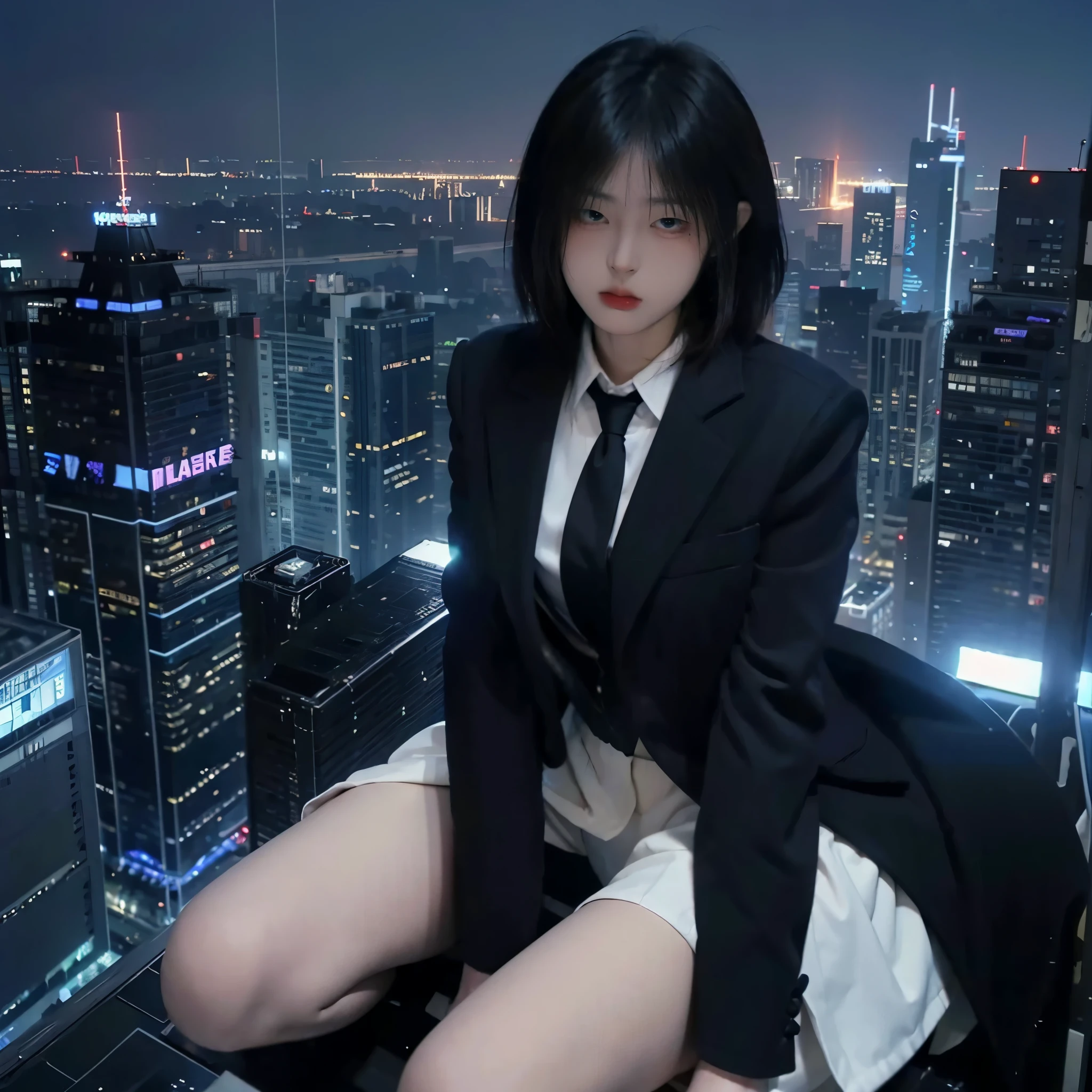 1 girl, giant girl, giants girl, giant girl standing in the city, black suit with tie, looking in the front, A huge girl that is much bigger than a skyscraper, sitting in the building, sit in the building, very small metropoliiniature metropolis, Bird's eye view, sci fi city,