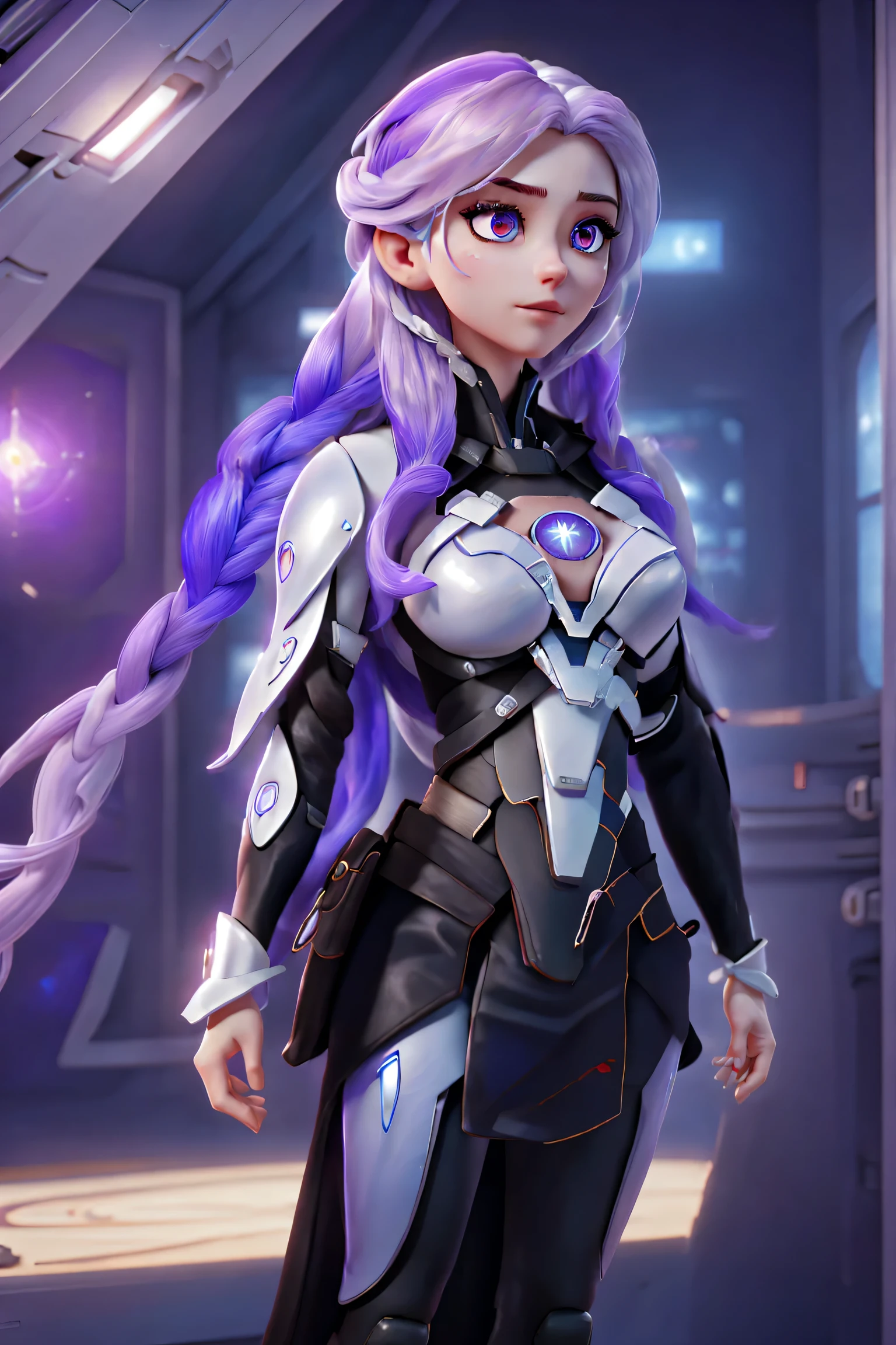 detailed portrait of two secret agent lovers, man and woman standing standing side by side looking at the viewer, yinji, purple hair, purple eyes, long hair, white hair, double braids, gradient hair, highly detailed, intricate machinery, glossy metal skin, glowing blue lights, complex circuitry, futuristic technology, edge light, dramatic lighting, beautiful starry background, octane rendering, cool, personality, brave, realistic 3D render, cinematic composition, award winning digital art, best quality, masterpiece, illustrations, very exquisite and beautiful, very detailed, CG, unity, wallpaper, stunning, exquisite details