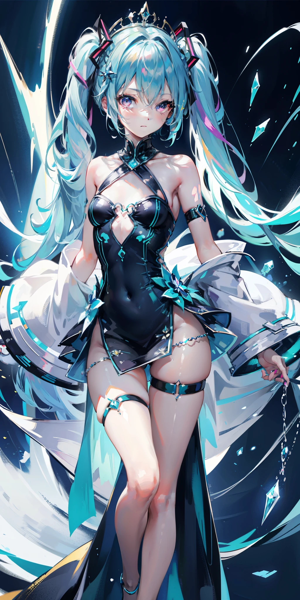 blue theme, Hatsune Miku portrait，masterpiece, magic , (Impossible Dress:1.5), mini skirt, Gradient background, Silver-blue hair, , Bangs,Side Chain, pink eyes, (ulzang-6500-v1.1:0.9), 中等Chest, Chest, Thigh gap, Hair accessories, arching back, Black_witch_have,complicated_decorate,mystery_fountain,luminescent_crystal