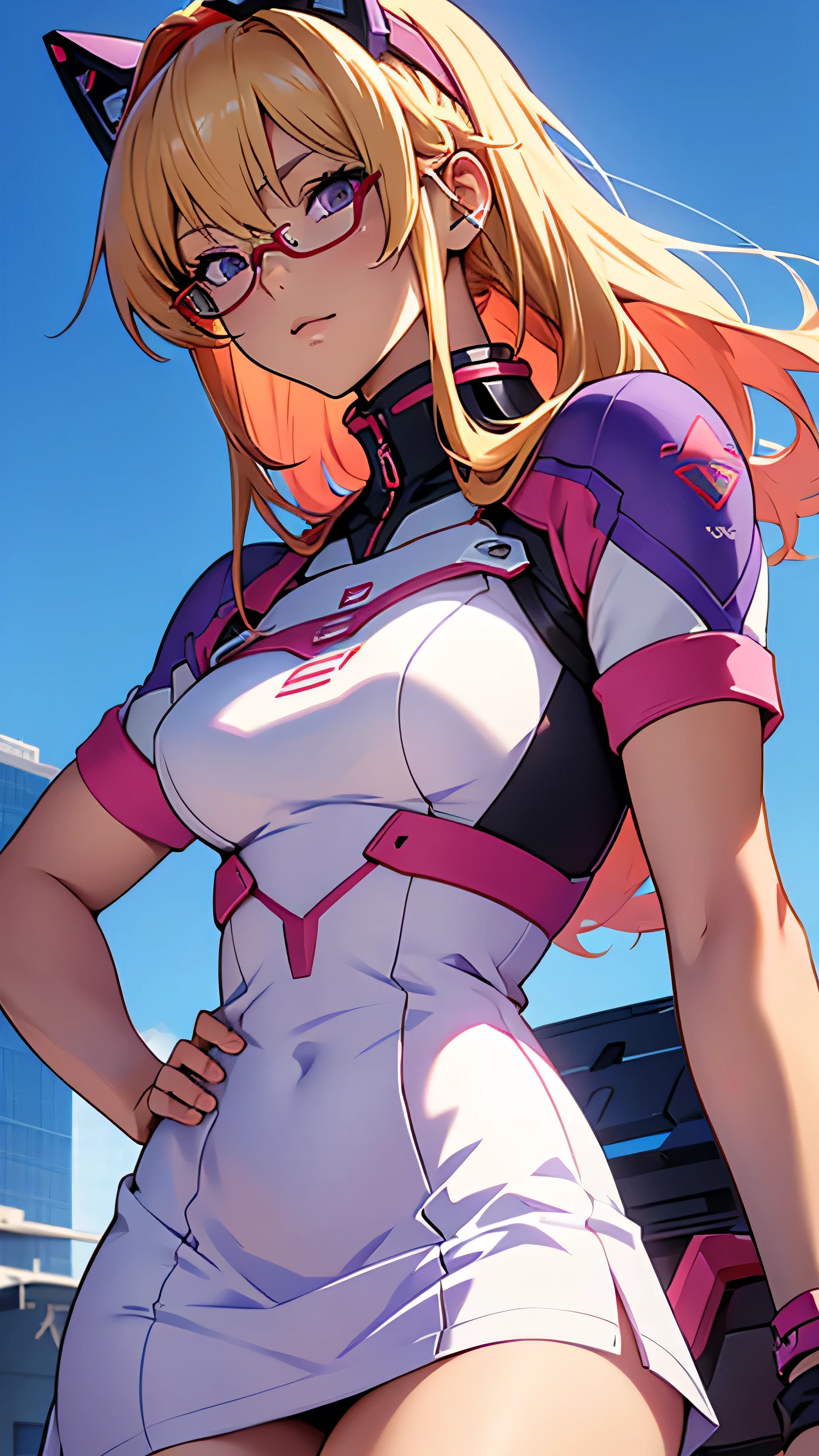 anime,An illustration,purple robot,Mobile Suit,Dom,Light blue check dress,Red glasses,Blonde,Light blue mesh hair,beautiful girl,Sora Sakurano,one person