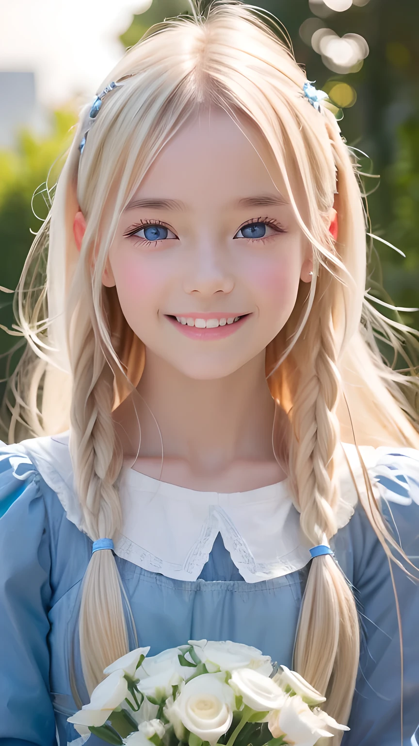 Photorealism、highest quality、超A high resolution、picture、Photo of a very beautiful girl of Scandinavian origin、An exceptionally beautiful girl、Cute and beautiful face details、(Purelos Face_v1:0.008)、Beautiful Bangs、Alice in Wonderland、、Radiant, fair, glowing skin、Hair on face、Bangs that reach the face、Bangs between the eyes、Super long super long hair、Glamorous bright natural platinum blonde super long straight silky hair、Thin Hair、Attractive shining beautiful bright clear light blue big eyes、White apron、Blue Dress、eyeliner、double eyelid、Ample Bust、White, shiny skin