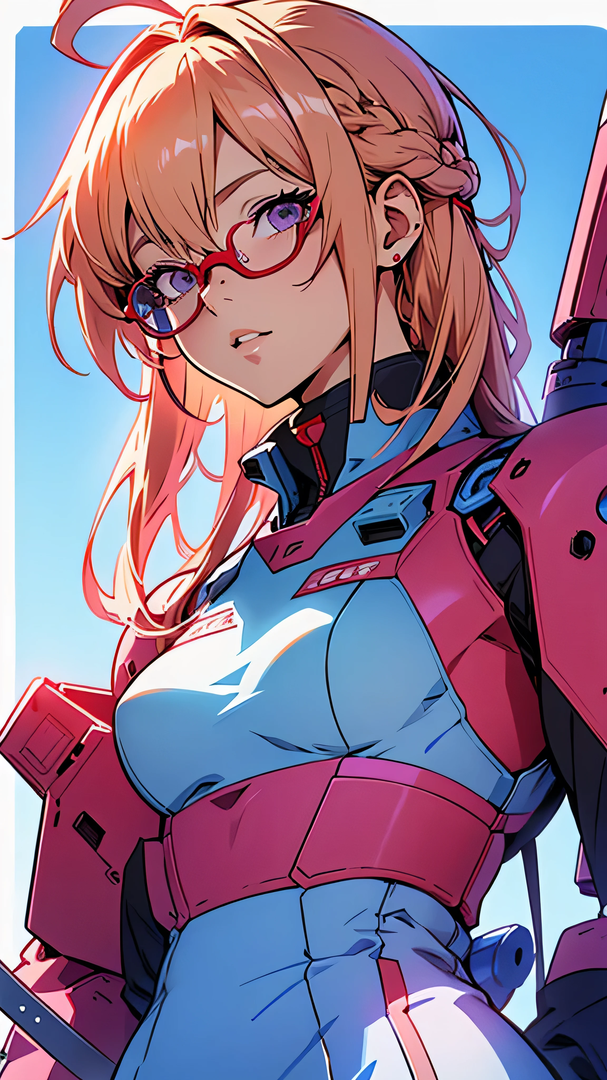 anime,An illustration,purple robot,Mobile Suit,Dom,Light blue check dress,Red glasses,Blonde,Light blue mesh hair,beautiful girl,Sora Sakurano,one person