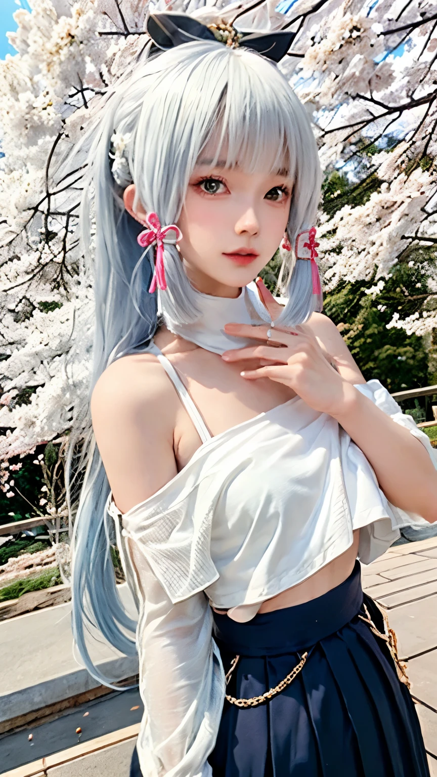 Kamisato Ayaka, masterpiece，best quality，High质量，High清晰度，High质量的纹理，High质量的阴影，High细节，Beautiful details，fine details，Extremely detailed CG，Detailed texture，lifelike的面部表现，lifelike的，Colorful，Beautifully，Clear focus，(intricate details，Pure face_V1:0.5)，(细节美Beautifully脸，(细节美Beautifully眼睛)，perfect比例的脸，HighSkin details，Skin details，best ratio of four fingers and one thumb，emaciated:1.3)，1 girl，17 years old，High，(Smooth abs:1.55)，beautiful，perfect，High，((Bare shoulders)), ((The skirt is very short)), (Long legs)，(Straight Legs)，(Thin waist)，((White skin))，White skin，((White skin))，(Emma Watson)，Large Breasts，((bule))，Light Blonde Hair，Standing，looking at the audience，Portrait of cute blonde girl，((Cherry tree)), ((站在Cherry tree下,look into the distance))，bloom，Orange Fog，Sporty，upper body，lifelike，High品质渲染，Amazing Art，High品质，film texture，Fuji XT3，close up, foucs face, hands in pockets, 