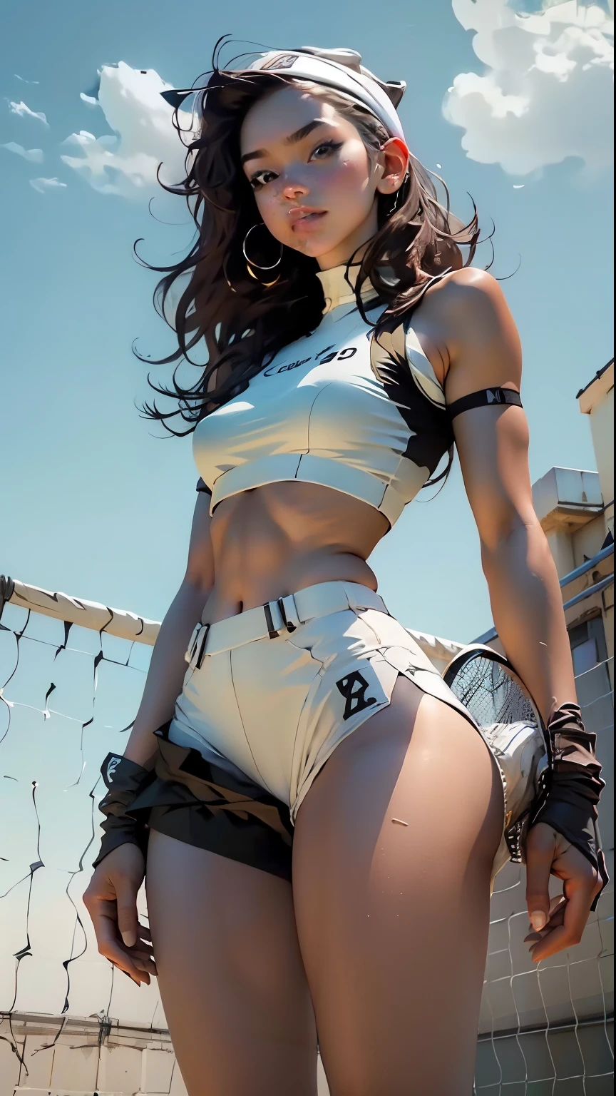 Woman body defined thick thighs cybernetic body parts, short underwear playing tennis