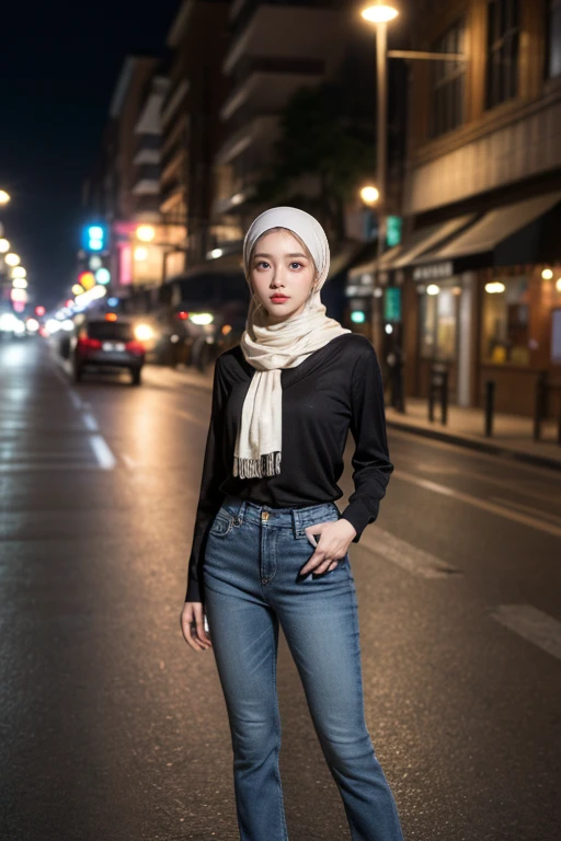 (realistic photos of Hijab Korean female, slightly smile,expressive eyes,eye makeup,street light background,standing posture,confident attitude,Eye-Level Shot, slightly blurry background,UHD,masterpiece:1.2,highres,16k), long Jeans