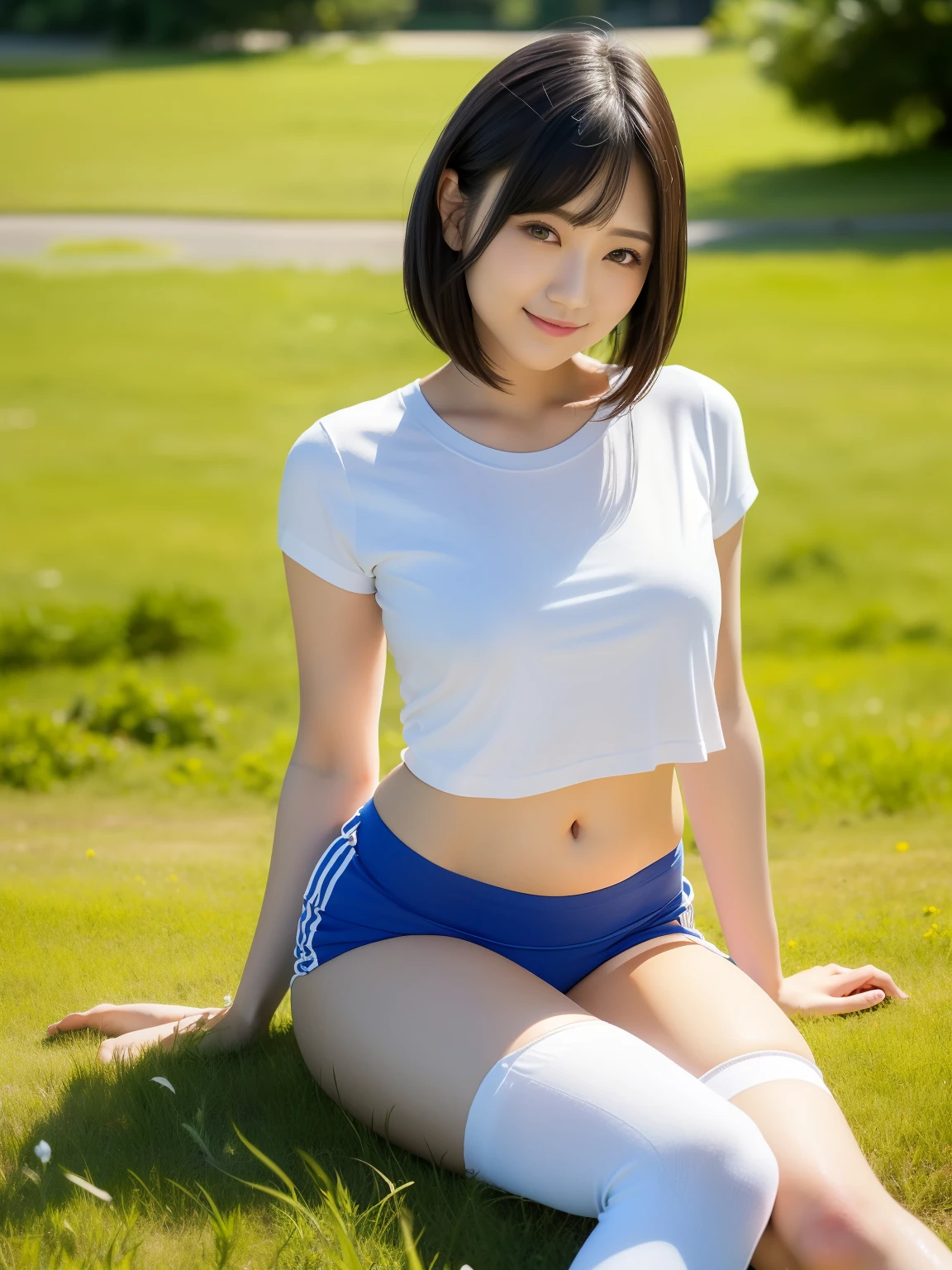 (highest quality:1.5)、(Realistic:1.5)、(1 person:1.5)、Very detailed、High resolution、8k、Medium breasts、Natural color lips、Cute Smile、Japanese women、20-year-old girl、Beautiful and elegant face、Perfect and beautiful face、Balanced big eyes、Brunette's eyes、Beautiful and elegant face、Natural double eyelids、Natural Bangs、Beautiful thin nose、Beautiful Skin、Medium Bob Hair、Natural Bangs、Perfect and beautiful face、Slim face and figure、Summer blue sky、Mountain Grass Park、Look at the viewers、socks、Beautiful belly button、Open the navel、Wearing clothes that expose the navel、(Staring at the camera with a sweet smile)、Bright lighting、Professional Lighting、Forward lighting、Beautiful legs:1.2、Smooth Skin、Slim Body、Slim waistline、slim thin thighs、(Sit on the grass)、White clover is blooming、Cleavage、((Bloomers))、((ネイビー色のBloomers))、 (A plain short-sleeved white T-shirt)
