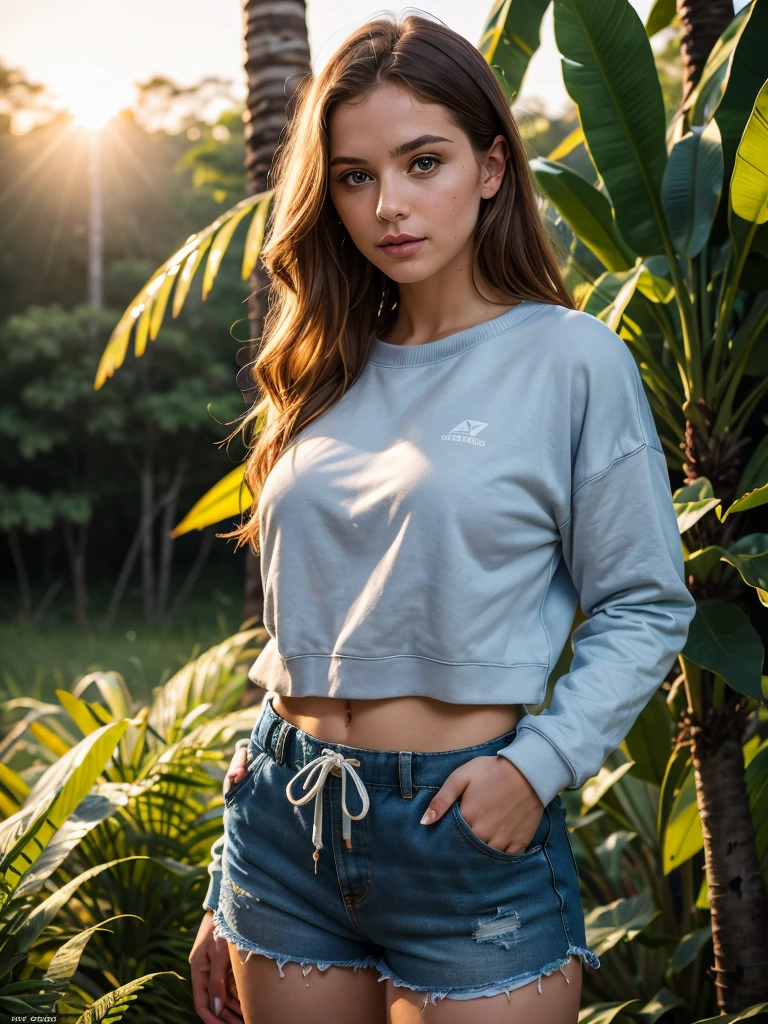 photo of S417_ViktoriaMakarenko,a stunning woman,in a (jungle:1.1),wearing a (sweatshirt:1.1),(shorts),(sunset),(4k, RAW photo, best quality, 50mm, depth of field, ultra high res:1.1),(intricate, photorealistic, cinematic-shot, masterpiece, ultra-detailed:1.1),