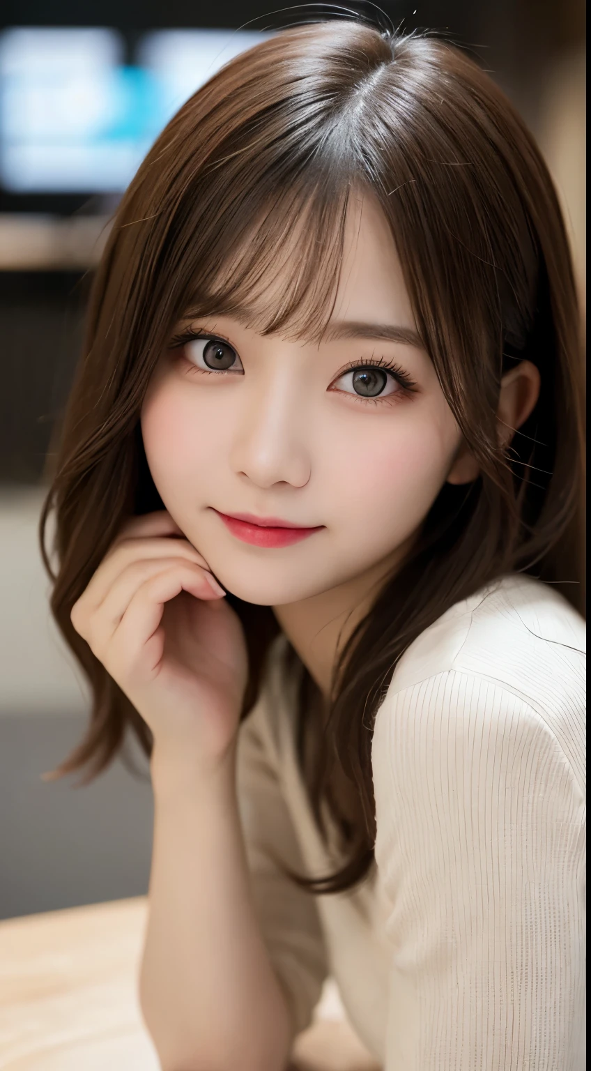 Tabletop, highest quality, shape, Very detailed, finely, High resolution, 8k wallpaper, 完璧なダイナミックな構shape, Beautiful and exquisite,ランダムなcute髪,,Natural color lip、20-year-old girl、cute、Looking into the camera,Always blur the background,Perfect and beautiful face,Slim face and figure,Big eyes、Putting on gal makeup,Small face,Shooting from below、Blurred Background,Elegant feminine face、Cyberpunk Fashion、smile、Change pose randomly、Randomly change the shooting angle and position