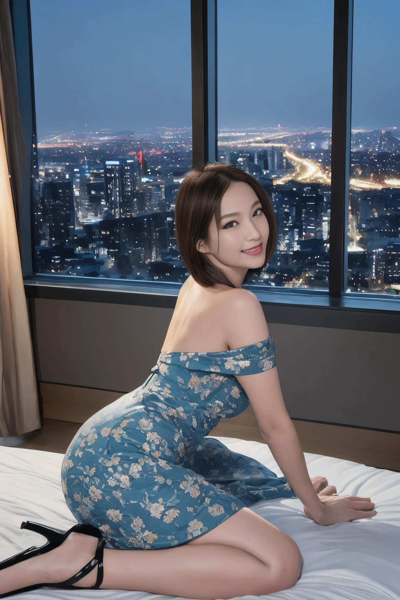 (Best quality, 8k, 32k, Masterpiece, UHD:1.2),Photo of Pretty Japanese woman, 1woman, (shoulder length dark brown hair), double eyelids, natural medium breasts, long-legged, soft curves, pale skin, off shoulder floral print blue dress, stilettos heels, lying, full body, smile, luxury hotel room, huge window with cityscape night view, detailed eyes, detailed facial, detailed real skin texture, detailed fabric rendering,