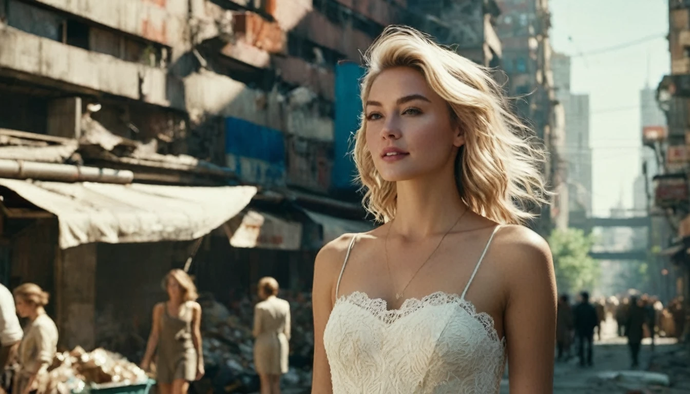 ((high angle camera view from above)) cinematic wide angle full body shot of a short white dressed stylish european long blonde wavy haired woman walks down a street of a cyberpunk megacity at daytime after a nuclear war in a futuristic Dystopian city. Happy smiling face. Blue sky and the sun shines. Ruined skyscrapers in the background. (( She wears the same white short dress s on each image)) . Consistent structure and movement of the character, static 3D environment, consistent structure of the buildings. Both sides of the pedestrian street are very full of garbage, with overturned bins full of waste that have not been emptied for weeks. some people walking in the background. Garbage mounds towers in front of the houses. Filthy dump on the street all around. Dystopian megacity, Chaotic, end of the world atmosphere. Dirt and filth is everywhere. She wears a short two piece white silk lace dress. She has stylish make up and luxury hair style. Highly detailed facial features, full lips, upturned nose, best smile, realistic perfect eyes and face. Photorealistic body and face, highly detailed shiny hair and skin. She walks confidently and casually. Sharp focus, depth of field, lifelike textures, best shadows, best quality. Realism, photorealism, hyperrealism, vintage muted color tones, lomochrome, natural lights, cinematic lighting, contrast lighting, best quality, insanely intricate details, hdr, uhd 8k, 35 mm film, analog,((1970s movie style)), retro, vintage color grading,Award - winning photograph, Masterpiece, 16k,hyper detailed,sfumato, chiaroscuro, beautiful woman, perfect face, rule of thirds, highly detailed hair, ((detailed face)), ((detailed facial features)), (finely detailed skin), pale skin, intricate details, amazing fine detail, neutral colors, Soft front light,cinematic lighting, dramatic lighting,dappled light on face, backlight on hair, sharp focus, wide angle, film grain, dslr, raw photo, photographed on Nikon
