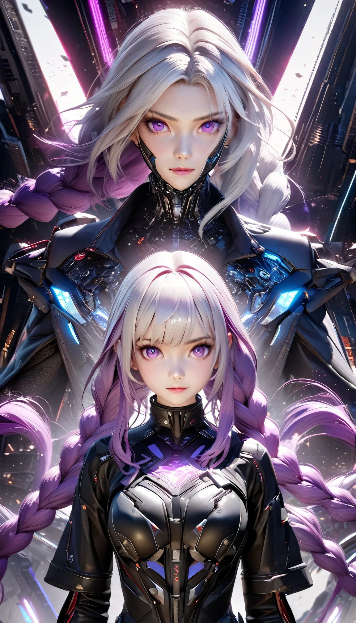 detailed portrait of two secret agent lovers, man and woman standing standing side by side looking at the viewer, yinji, purple hair, purple eyes, long hair, white hair, double braids, gradient hair, highly detailed, intricate machinery, glossy metal skin, glowing blue lights, complex circuitry, futuristic technology, edge light, dramatic lighting, beautiful starry background, octane rendering, cool, personality, brave, realistic 3D render, cinematic composition, award winning digital art, best quality, masterpiece, illustrations, very exquisite and beautiful, very detailed, CG, unity, wallpaper, stunning, exquisite details
