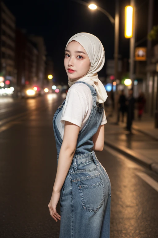 (realistic photos of Hijab Korean female, slightly smile,expressive eyes,eye makeup,street light background,standing posture,confident attitude,Eye-Level Shot, slightly blurry background,UHD,masterpiece:1.2,highres,16k), pinafore with long Jeans